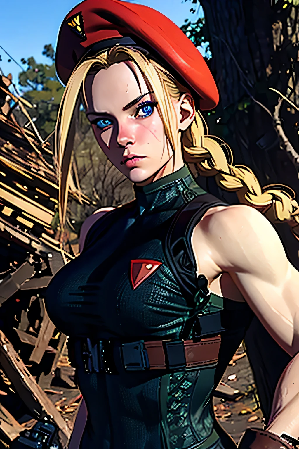 Photo of cammyst in a military operation, special ops gear, holding assault rifle, cinematic, wood debris, with her long blonde hair, blue eyes, military special ops clothing, stealth operation, laser pointer, a red beret, red beret, and sporting a stylish braid at each side of her head, cleavage
