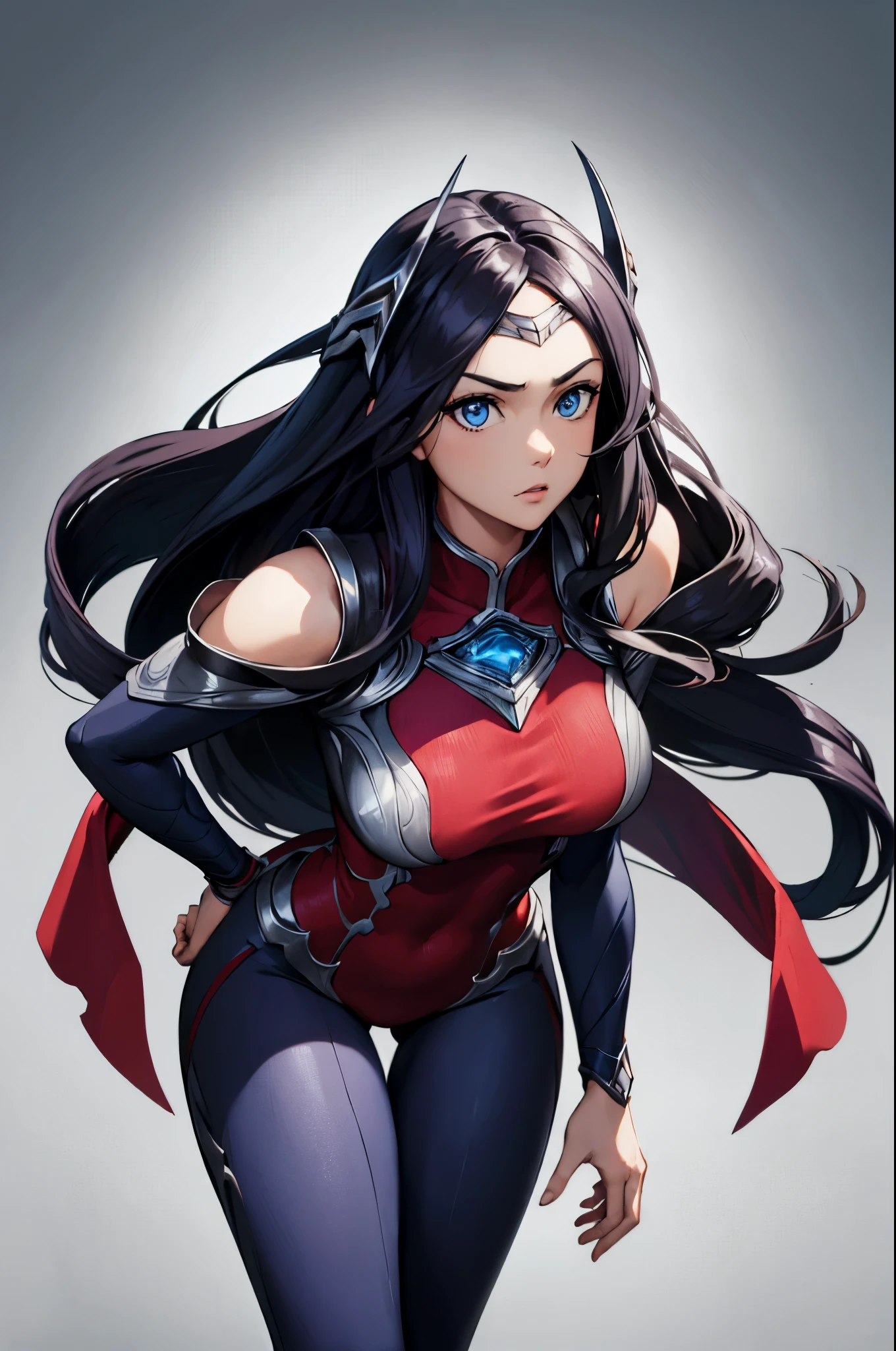 (masterpiece), best quality, expressive eyes, perfect face, highres, 1girl, solo, irelia, bodysuit, bare shoulders, forehead protector, hair ornament, armor, (leaning forward), standing, portrait, looking at the viewer,