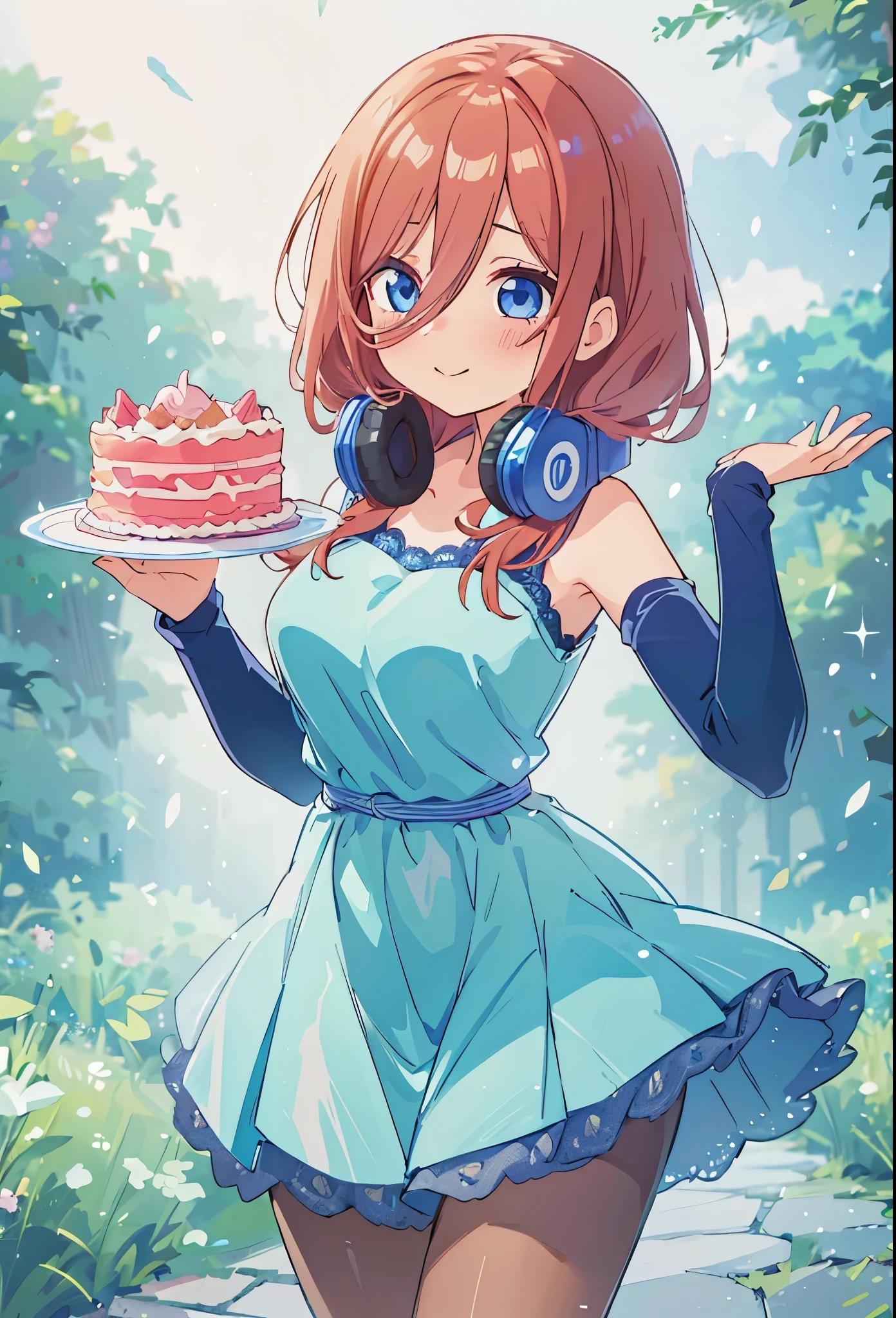 Miku nakano wearing a pretty dress, Miku holding a birthday cake, sparkling blue_eyes, happy smile, laugh, sweet face, tender, lovely, 4k, perfect quality, excellent character design, pastel coloured image, vivid colours, bright colours, simple background, magic hill background, splendid nature, natural light, daylight, full body, full shot, dinamic pose, holding birthday cake in her hands, extremely detailed, clean lineart, neat, Miku Nakano, Official art、Beautifully Aesthetic:1.2)、patterns、Hair spreads throughout、4k, excellent quality, Ultra Detail, Soft Light, Deep Focus Bokeh, Ray Tracing, --niji 5. Nakano Miku from the quintessential quintuplets, Miku Nakano, long fluffy pink brown hair, blue eyes, nakano_miku, iridescent, blue headset, hair strand falling across face, splendid, iridescent, dynamic pose, moving, excellent character design, full body pose, full body, full body shot, perfect face, neat, clean, perfect definition  aamiku,long hair,bangs,hair between eyes,headphones around neck,pantyhose,black, (Casual Outfit), ()pantyhose, elbow gloves, holding a birthday cake in her hands, iridescent satin lace dress