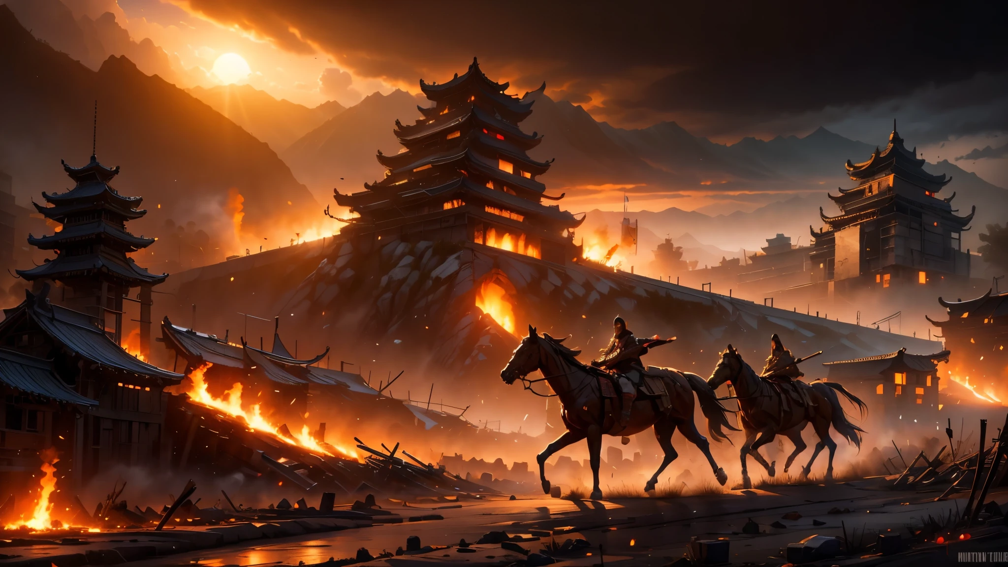 masterpiece，best quality，multiple people，Soldier，Rios，night，bonfire，spear，knife，arms，，Width，horses，smokes，A city that burns，flame，Building on fire and smoking，Monte，lake，and，Attack the city，kill，apocalyptic style，dark sky