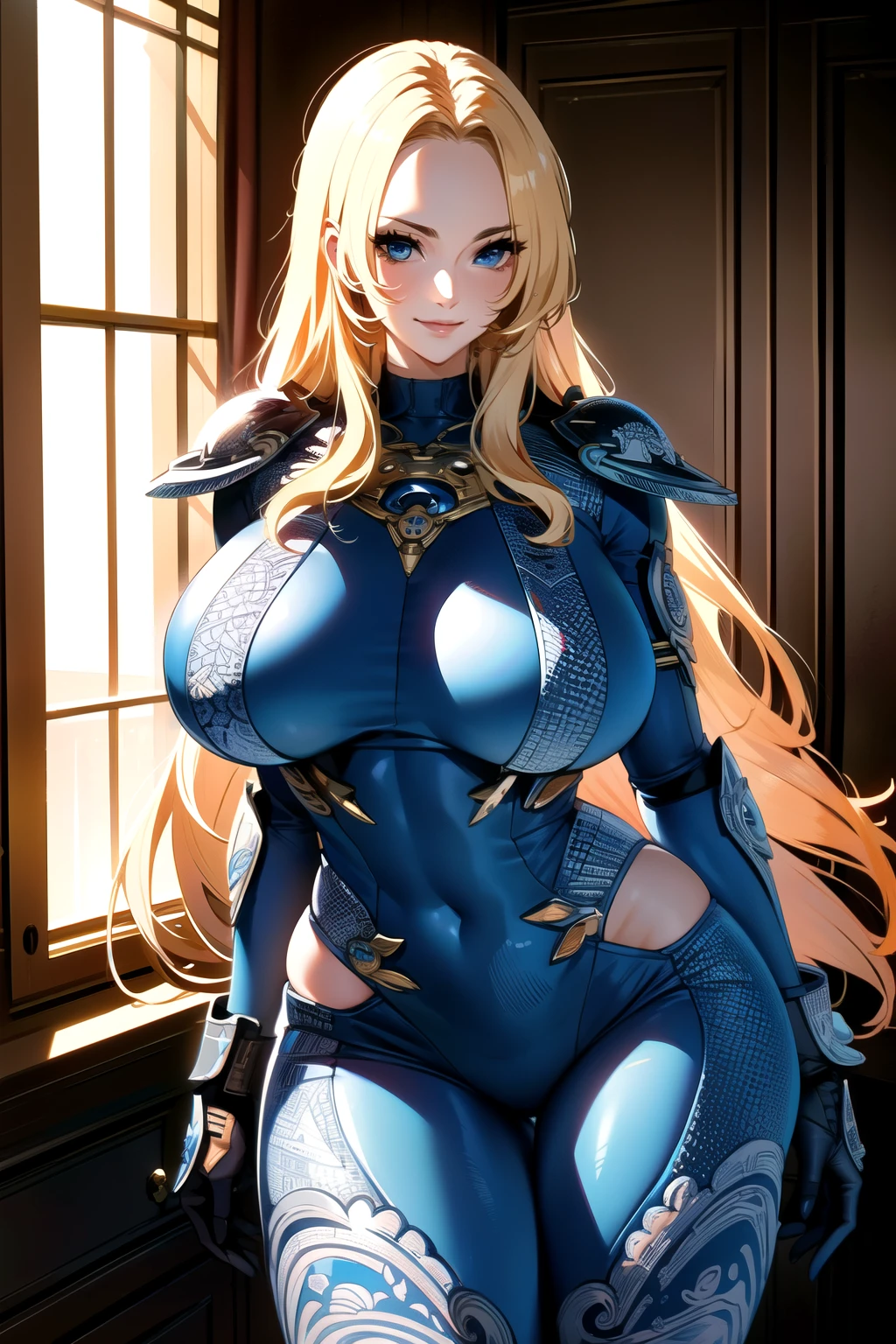 ultra realistic 8k cg, masterpiece, ((ultra detailed background, delicate pattern, intricate detail, highly detailed, fine details best quality, hyperdetailed face)), gigantic breasts ,beautiful lighting, absurdres, BoaHancockV2, 1girl, solo,  blonde hair, long hair, jewelry, closed mouth, ), (((very tight suit) (chest armor), blue eyes, complex detailed background, inside, luxury palace), ((cowboy shot)), curvy, gigantic breasts, seductive smile