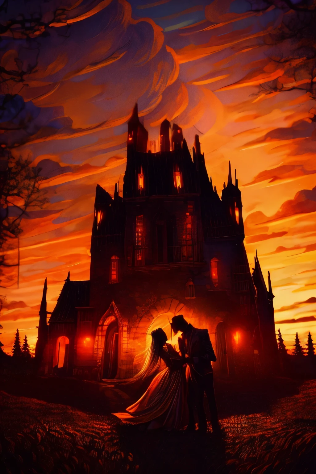 The enchanting tableau presents the serene beauty of a breathtaking sunset, as the final golden beams of the sinking sun splash the sky with captivating warm hues. In the tranquil distance, an imposing castle stands tall, radiantly illuminated by the fading sun's embrace, projecting an ethereal and dreamlike ambiance. In the foreground, a mesmerizing dance unfolds between a vampire and a demonic figure, their intriguing silhouettes delicately blending into the soft evening light, captivating onlookers with their rhythmic and graceful moves.

(Or)

The sunset's