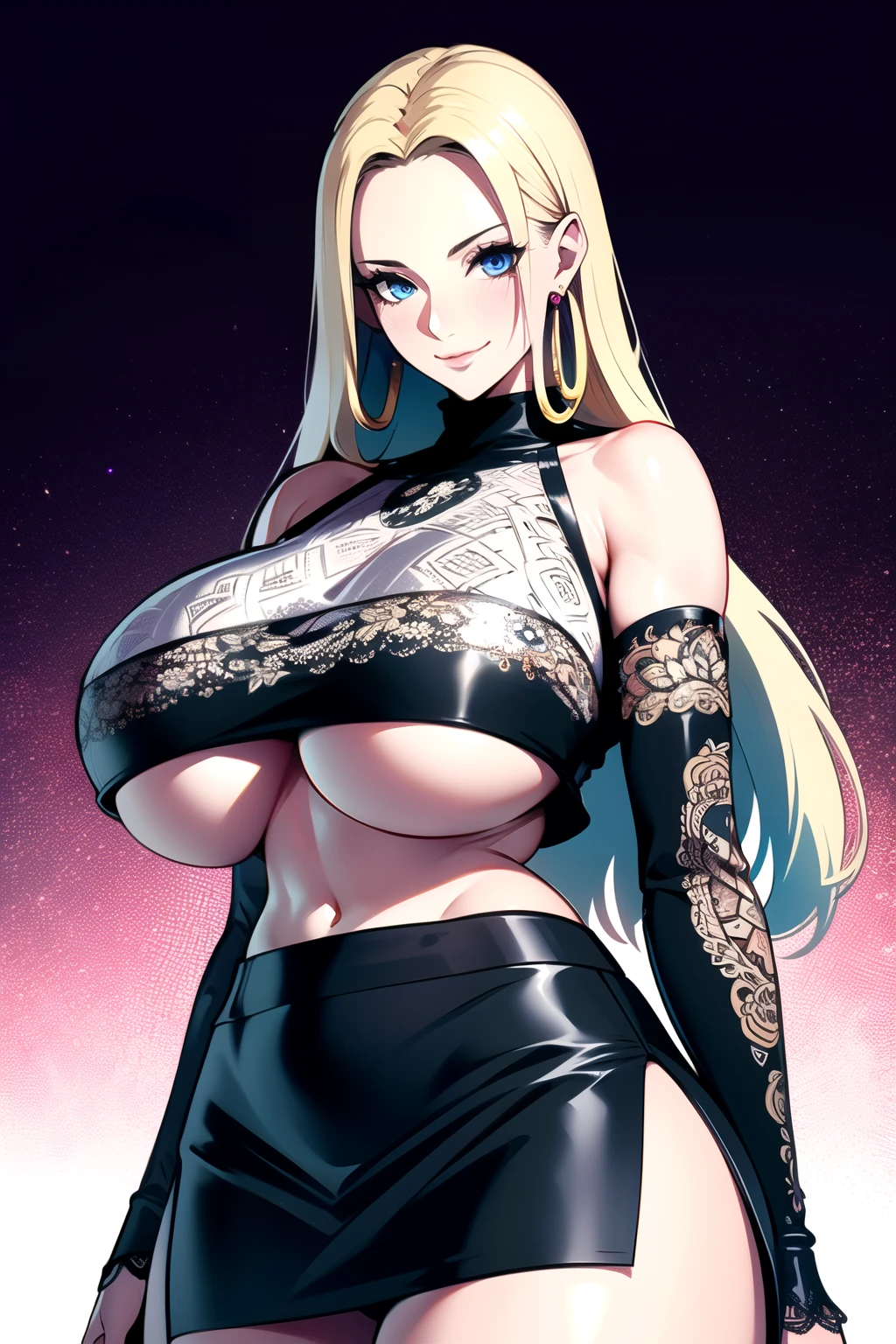 ultra realistic 8k cg, masterpiece, ((ultra detailed background, delicate pattern, intricate detail, highly detailed, fine details best quality, hyperdetailed face)), gigantic breasts ,beautiful lighting, absurdres, BoaHancockV2, 1girl, solo, blonde hair, long hair, jewelry, closed mouth, ), (black crop top, turtleneck, bare shoulders, black split skirt, underboob, earrings, blue eyes, complex detailed background, inside, luxury palace), ((cowboy shot)), curvy, gigantic breasts, seductive smile