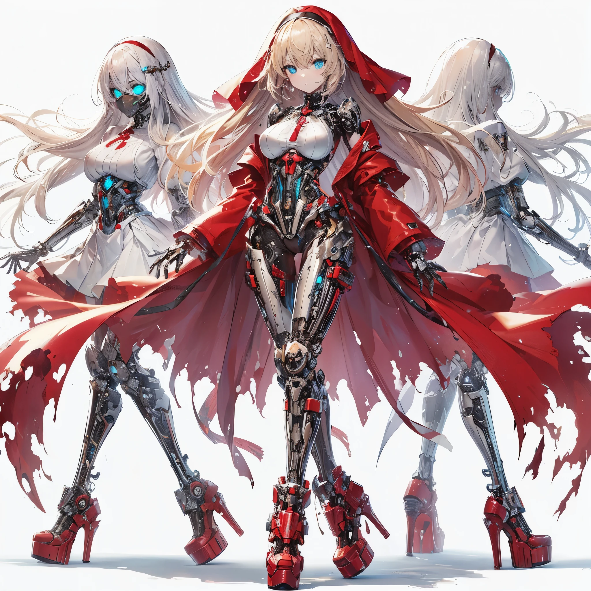 (Masterpiece, top quality), (perfect athlete body: 1.2), (detailed hair), super detailed, anime style, full body, solo, full body of mechanical undead girl, pale gold hair and glowing ultra-blue eyes, pale steel skin, ragged red Japanese nun’s habit, red ragged robe, high-heeled boots, digital painting, 8k high resolution, trending art station, white background, whole body,,