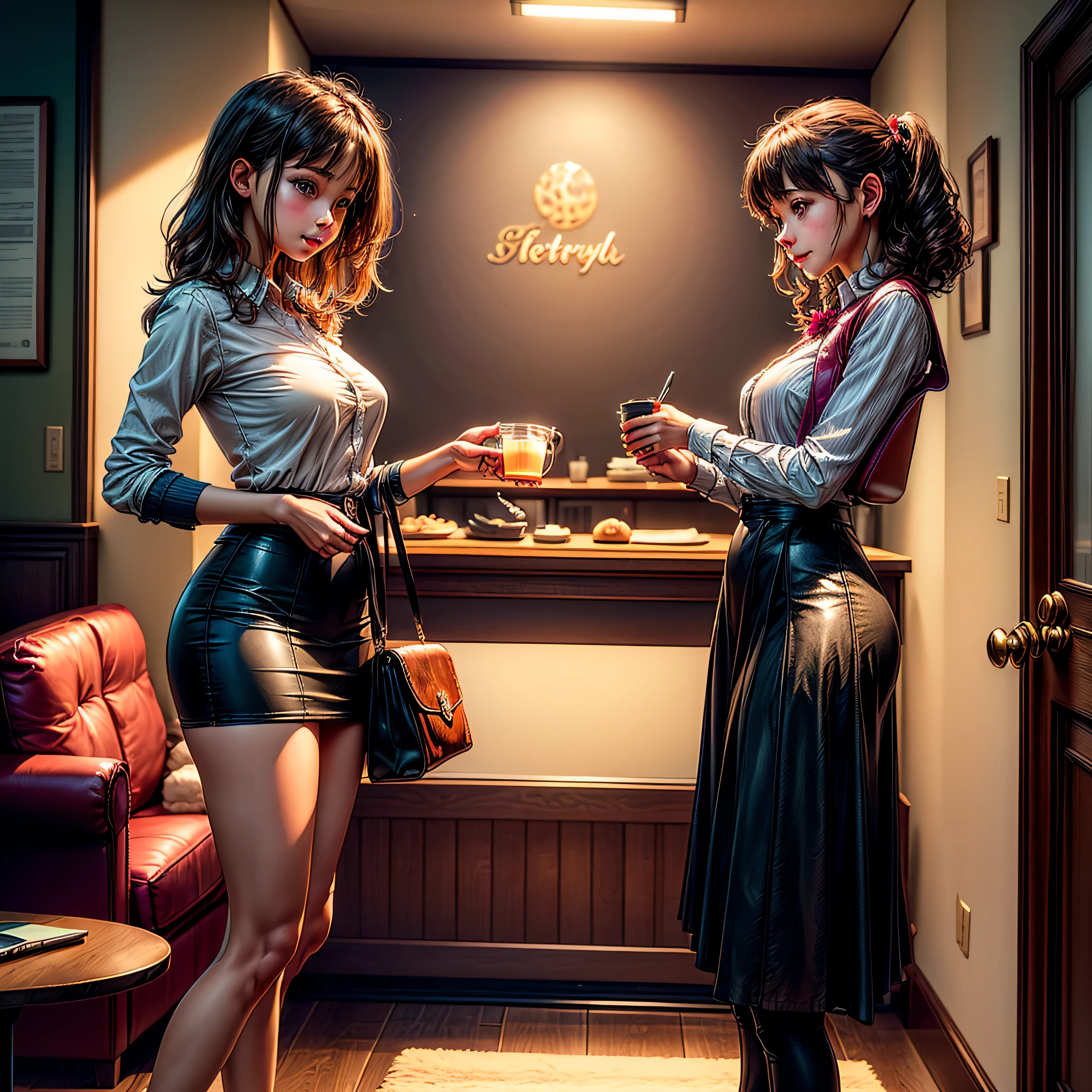(masterpiece), (Highly quality), two women in party clothes, young party, sitting in a bar, smoking cigarettes and drinking alcohol, Angel is split in two with smoke, devil versus angel, 2 angels, Devil's Wings, with two pairs of wings, angel versus devil, fallen angels, 2 wings, heaven, with devil's infernal wings, sexy movie photo, drinking and smoking, Cinematic. by Leng Jun, Dark Coffee Ange