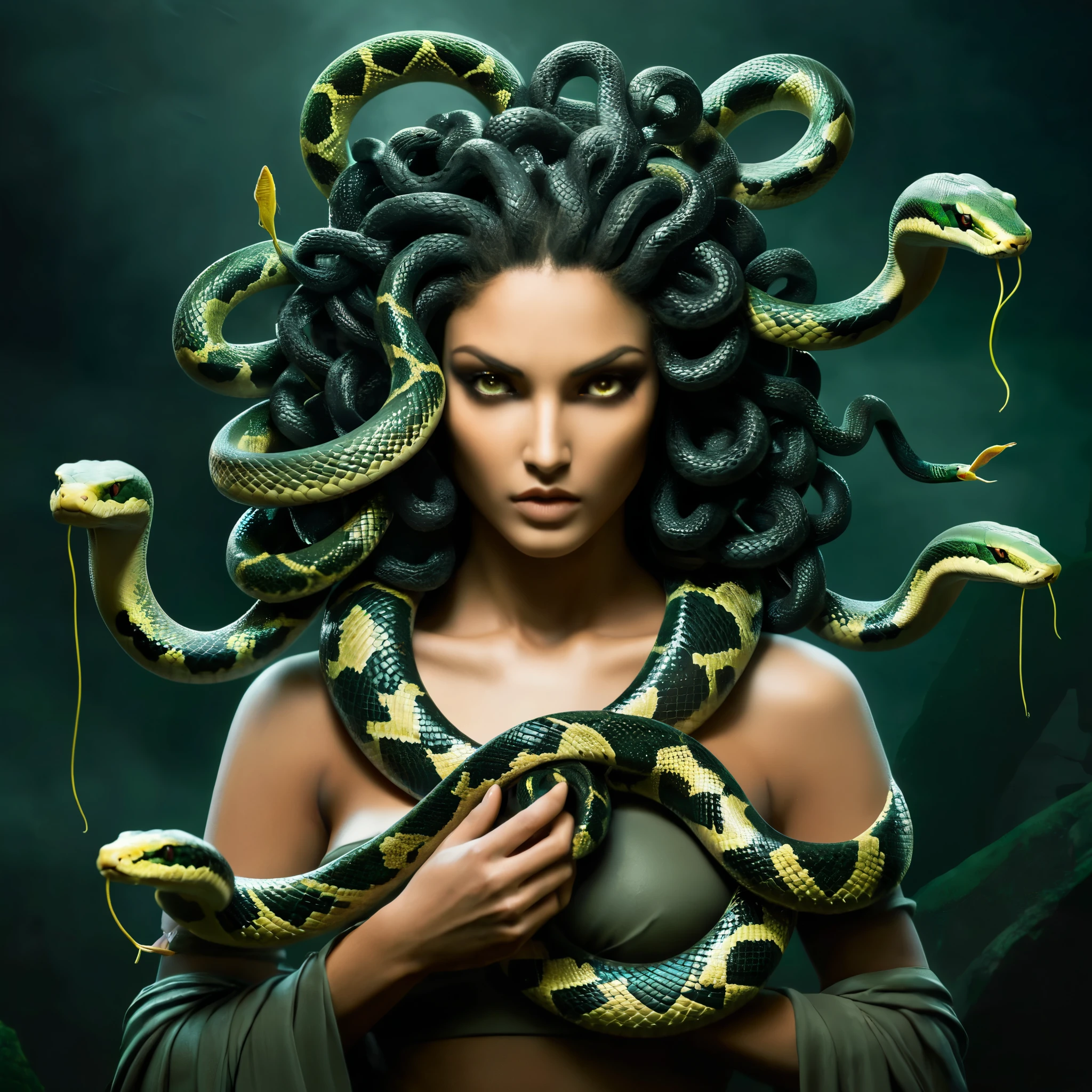 Dark Fantasy Art of  Medusa a woman with snake dreads holding a snake In Greek mythology, Medusa, also called Gorgo,  a human female with living venomous snakes in place of hair, dark, moody, dark fantasy style