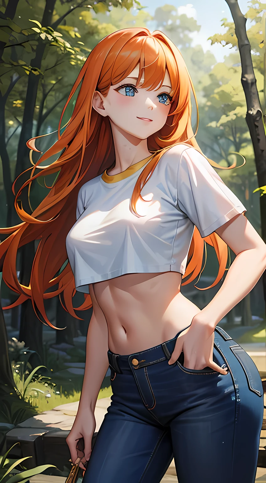 Masterpiece, Best quality, ultra detailed, blossom, mother, mature face, High, thick, Orange hair, Blue eyes, clap, long hair, Casual outfit, crop top, blue t-shirt, Yellow Short Sleeves, Skinny jeans, trousers, standing, smile, In the forest, cowboy shot, Realistic, volumetric lighting, complex parts, Displaying tones, sharp focus, Hyper detailed,