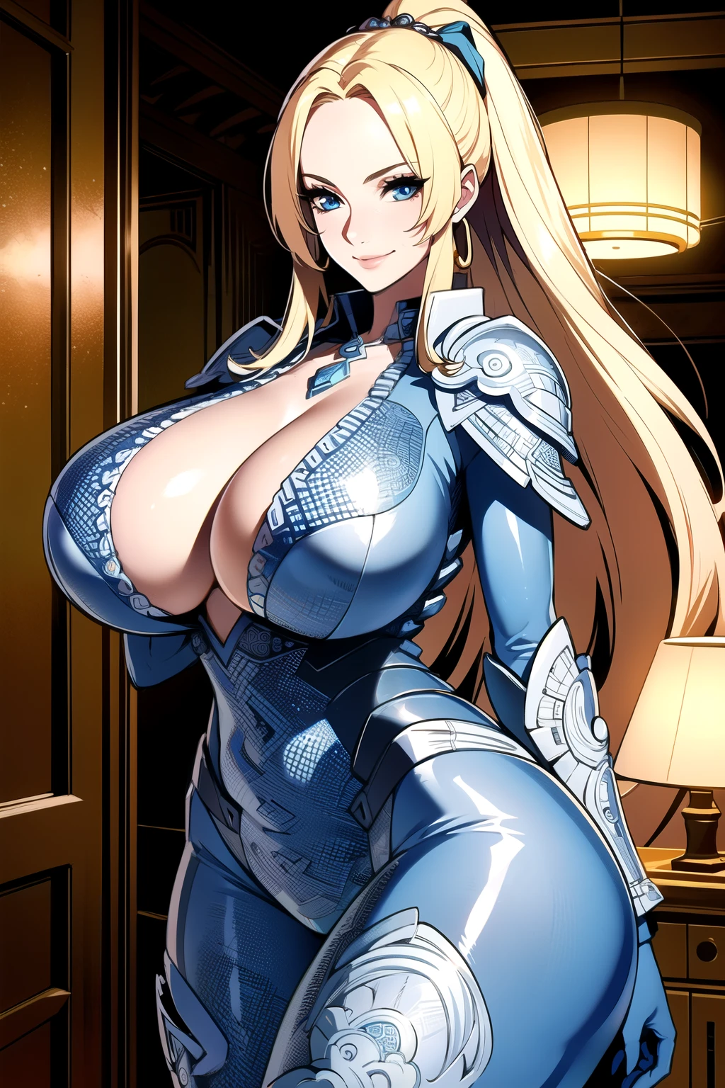 ultra realistic 8k cg, masterpiece, ((ultra detailed background, delicate pattern, intricate detail, highly detailed, fine details best quality, hyperdetailed face)), gigantic breasts ,beautiful lighting, absurdres, BoaHancockV2, 1girl, solo,  blonde hair, long hair, jewelry, closed mouth, ), (((very tight suit) (chest armor), blue eyes, complex detailed background, inside, luxury palace), ((cowboy shot)), curvy, gigantic breasts, seductive smile