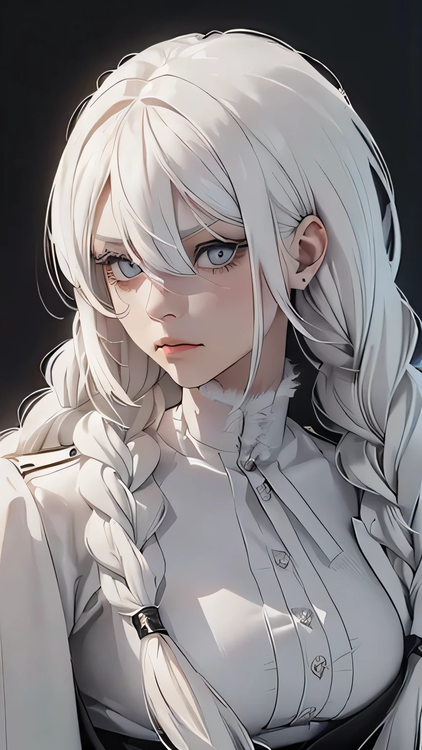 (чрезвычайно подробные обои CG Unity 8k), (Masterpiece), (Best quality), (ultra detailed), (best illustration), (best shadow), (Absurd) ,(подробные eyes), 2p, 1 girl, long hair, White hair, One, fighting pose, adult beautiful girl, White hair, (((White hair, collected in two very long fluffy braids))), ((white bangs cover one girl'eyes)) (((the girl has a stern expression on her face))), free confident pose, ((White shirt)), ((Black jacket)), black nails, rings on fingers, (((waist portrait))), sharp facial features