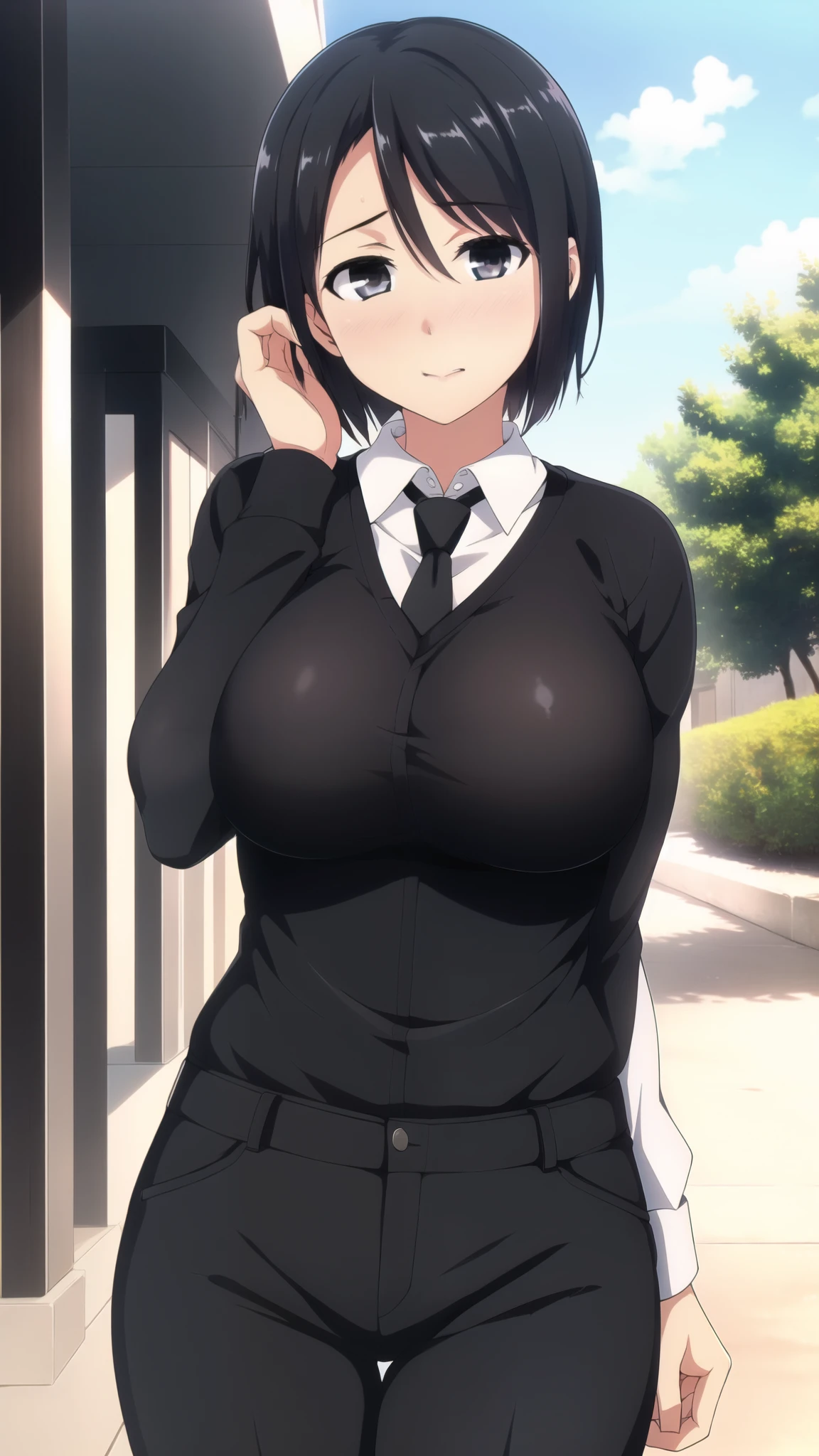 sexy body, (thick), , 1girl, standing, black hair, short hair, bangs, MAKIMA, ((white shirt)), long sleeves, necktie, stare, shy, blush, , black eyes, black necktie, hands over head, cowboy shot, huge breasts, outdoors, black pant, (MAaster piece: 1.0), (best_quality: 1.0), ultra high resolution, 4K, ultra detailed, photography, 8K, HDR,
