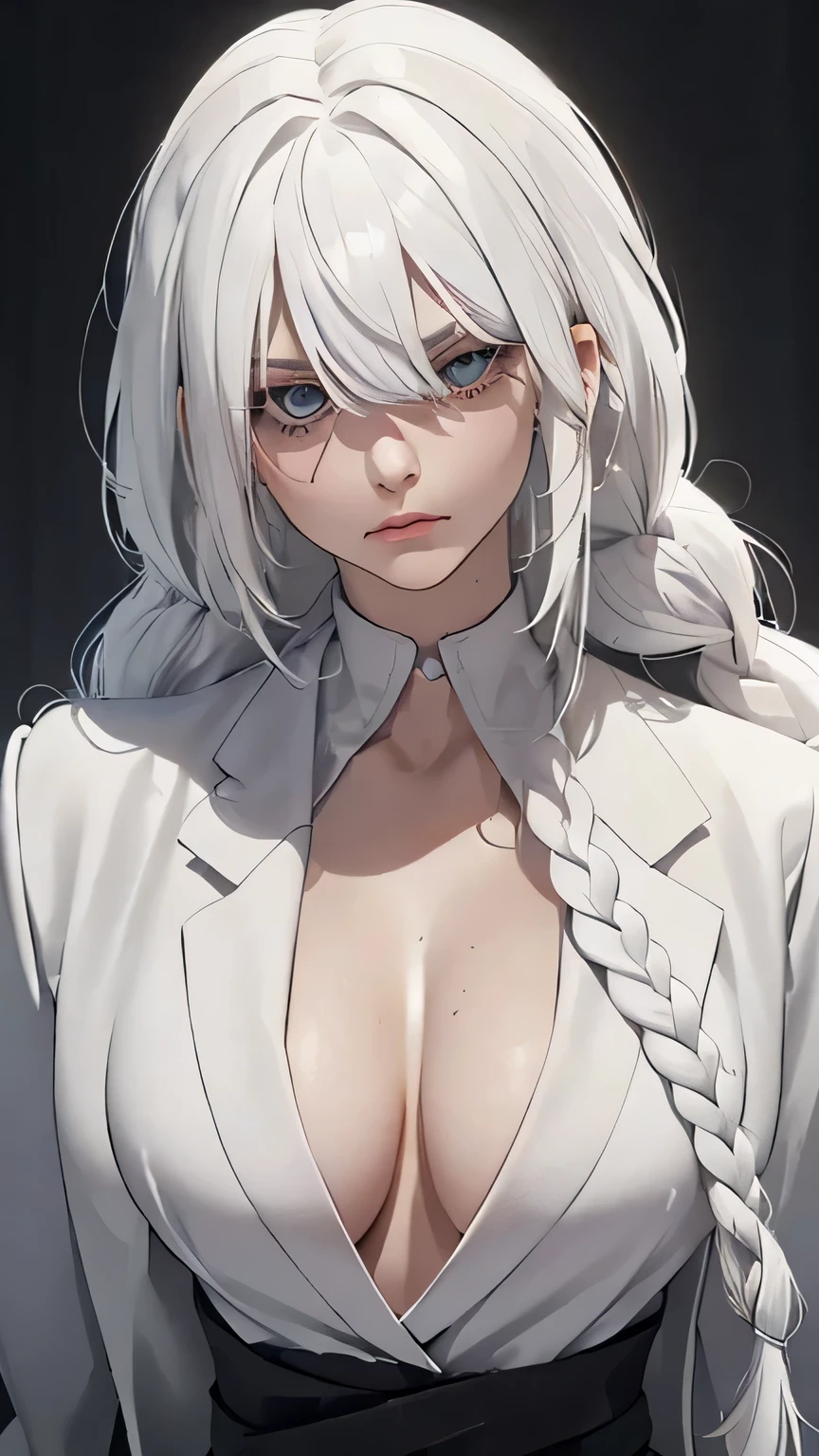 (чрезвычайно подробные обои CG Unity 8k), (Masterpiece), (Best quality), (ultra detailed), (best illustration), (best shadow), (Absurd) ,(подробные eyes), 2p, 1 girl, long hair, White hair, One, fighting pose, adult beautiful girl, White hair, (((White hair, collected in two very long fluffy braids))), ((white bangs cover one girl&#39;eyes)) (((the girl has a stern expression on her face))), free confident pose, ((White shirt)), ((blazer)), black nails, rings on fingers, (((waist portrait)))