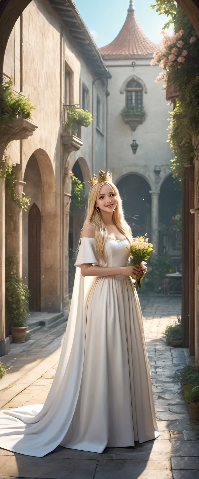 Once upon a time, live the beautiful princess, with white dress and cloak, long blonde hair, crown on the head, waiting someone for a love, she have beautiful smile, courtyards, full body, (Masterpiece), (best quality), (high quality), (extremely detailed) CG unity, 8k wallpaper, (cinematic angle)
