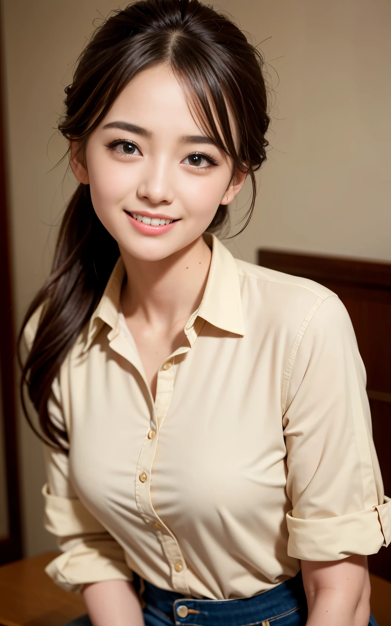 highest quality, figure, super detailed, finely, High resolution, 8k wallpaper, 完璧なダイナミックな構figure, beautiful skin, (big eyes), 20 year old beautiful girl, natural color lip, (sexy pose), mid chest, smile, Highly detailed face and skin texture, Detailed eyes, Double eyelid,leaking teeth and laughing, close-up, brown hair ponytail, (beige cutter shirt:1.2), In town