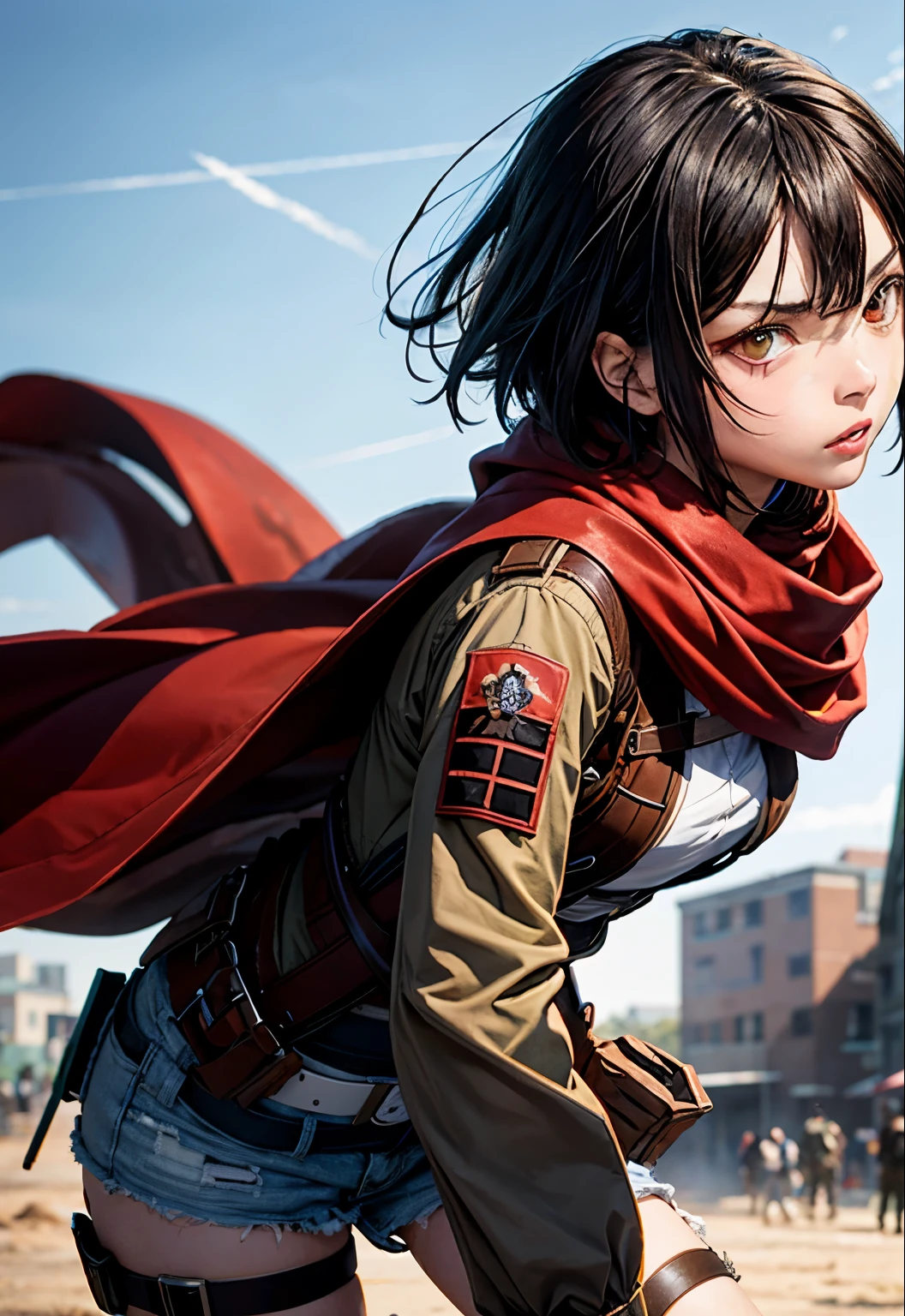 girl fighting on the battlefield，girl around 19 years old，black bob hair，perfect face，brown、8k，Fighting giants，wearing a red scarf，white shirt，brownジャケットを羽織る，Attack on Titan