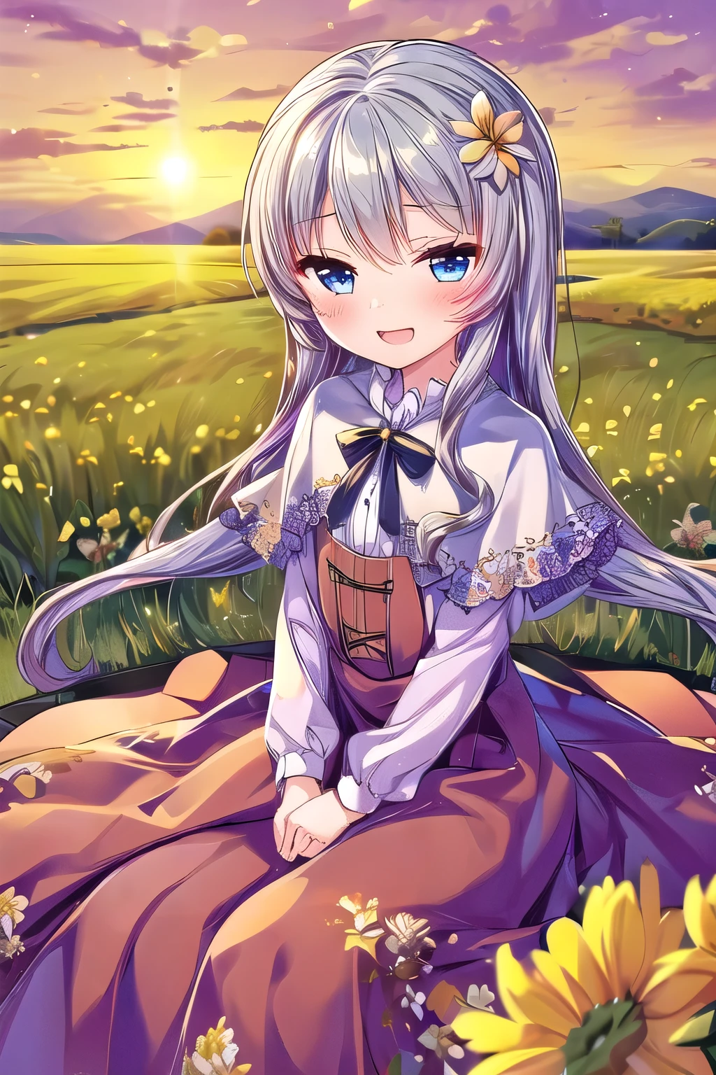 (drawn by Lynn Okamoto),center frame, sharp focus, (panorama, wide shot), best quality, masterpiece, extremely detailed, detailed background, (from above:1.2), 1girl, catgirl,solo,****,blue eyes,white hair, closed one eye, smile, open mouth, skirt, long hair, wavy hair, on side, fluffy hair, , french , blush, smile, capelet, lace trim, bodice, sunset, long dress, dusk, scenery, gold sky, high place, horizon, wheat field, wheat ears, wind, wind blow, looking at viewer, (depth of field), bokeh, (holding a flower:1.3), (holding:1.2),(medium):0.5,