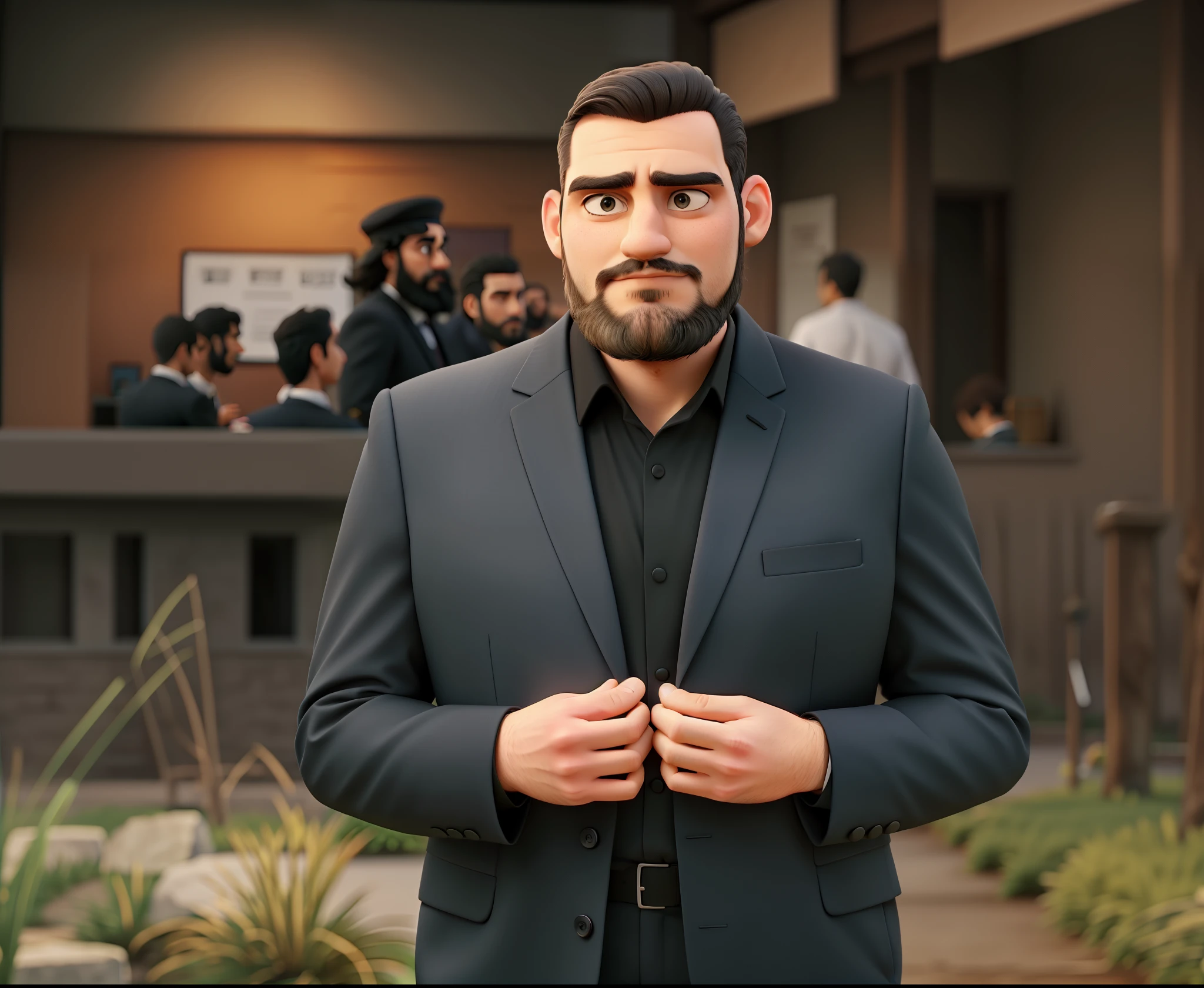 serious man, serene look, in a black suit, with a beard in a park