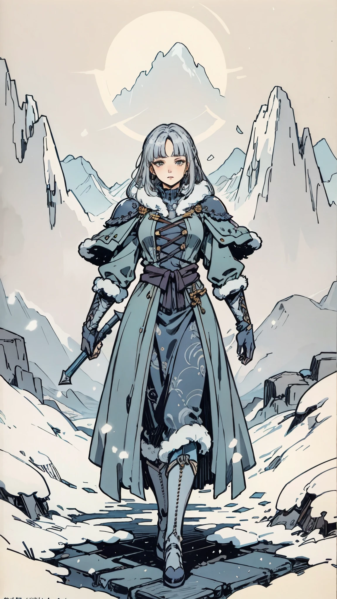 A woman with short silver-gray hair, thick bangs covering the right half of her face, delicate features, a serene expression, a simple floor-length gray-blue robe, with a thick white fur coat worn over it, long sleeves patterned like animal skeletons, standing amidst the falling snow of the mountains, this character embodies a finely crafted fantasy martial arts-style female cultivator in anime style, exquisite and mature manga art style, high definition, best quality, highres, ultra-detailed, ultra-fine painting, extremely delicate, professional, anatomically correct, symmetrical face, extremely detailed eyes and face, high quality eyes, creativity, RAW photo, UHD, 32k, Natural light, cinematic lighting, masterpiece-anatomy-perfect, masterpiece:1.5