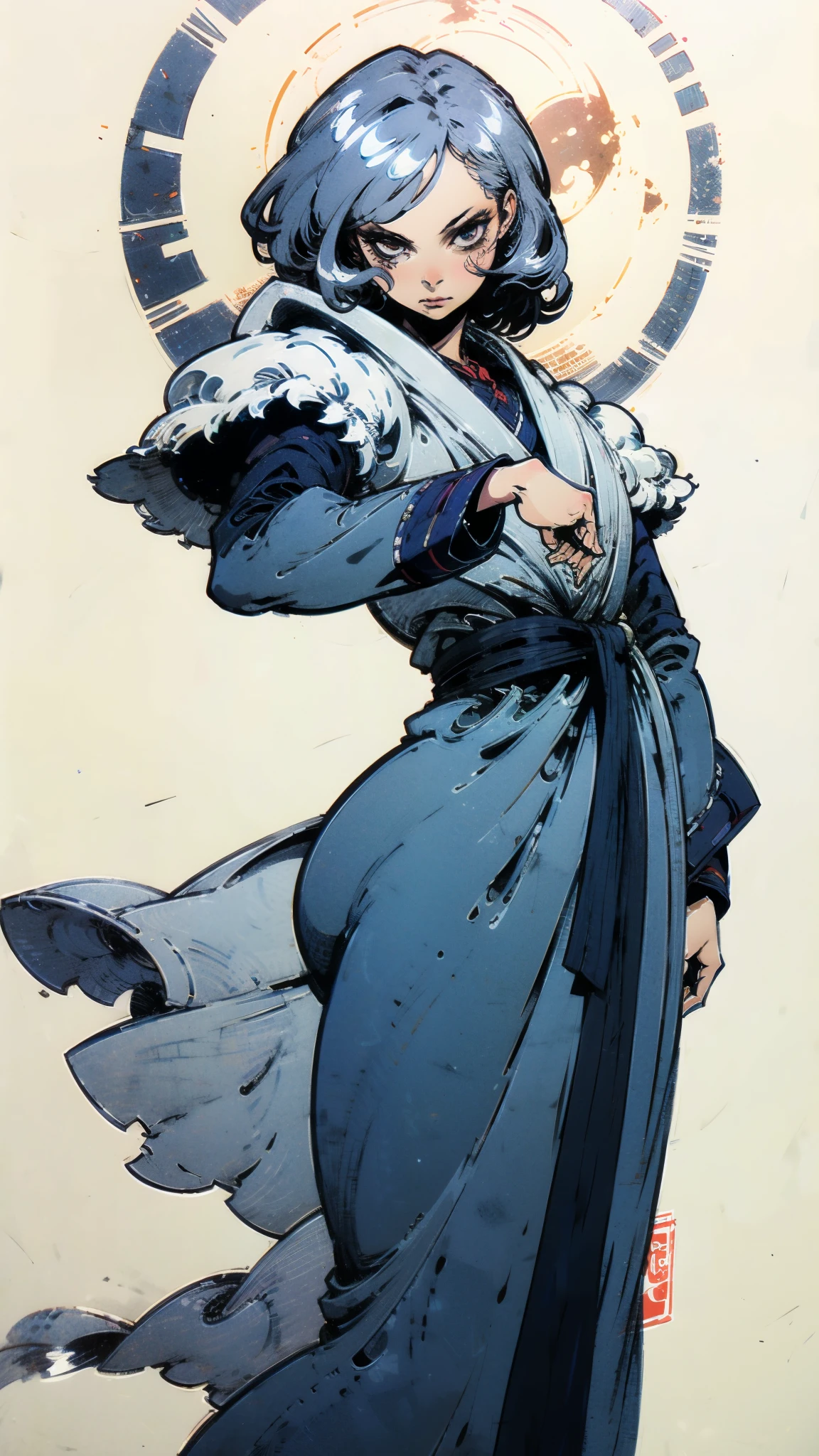 A woman with short silver-gray hair, thick bangs covering the right half of her face, delicate features, a serene expression, a simple floor-length gray-blue robe, with a thick white fur coat worn over it, long sleeves patterned like animal skeletons, standing amidst the falling snow of the mountains, this character embodies a finely crafted fantasy martial arts-style female cultivator in anime style, exquisite and mature manga art style, high definition, best quality, highres, ultra-detailed, ultra-fine painting, extremely delicate, professional, anatomically correct, symmetrical face, extremely detailed eyes and face, high quality eyes, creativity, RAW photo, UHD, 32k, Natural light, cinematic lighting, masterpiece-anatomy-perfect, masterpiece:1.5