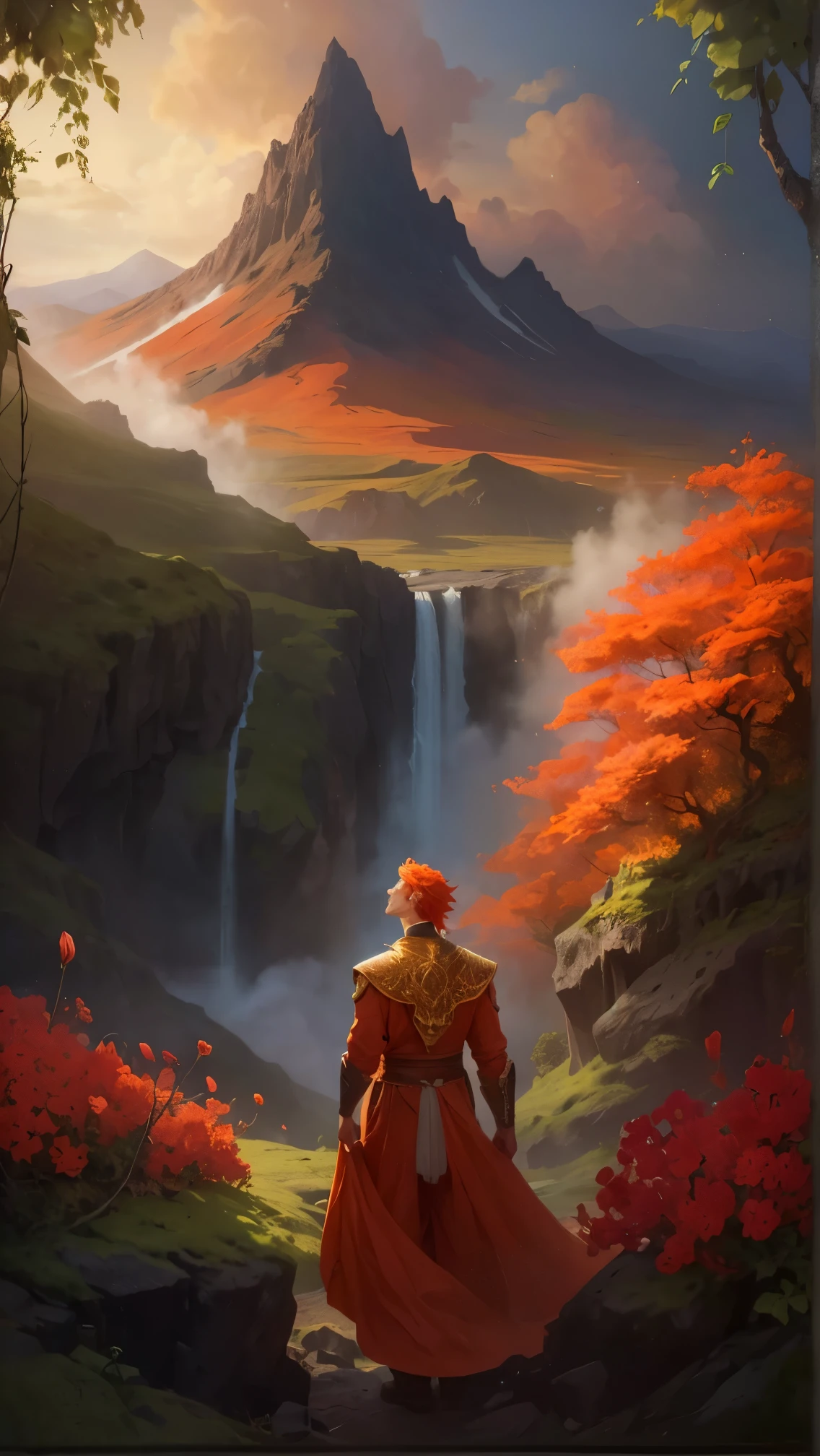 An image capturing a majestic mountain with a lavafall cascading down its rugged slopes, casting a warm, ethereal light across the landscape. In the foreground, vibrant red flowers sway gently in the breeze, adding splashes of color to the volcanic scenery.
Nestled amidst the terrain is a hidden cave partially obscured by the lavafall, its entrance framed by vines and lush foliage. A striking figure stands nearby—a handsome young man with fiery orange hair and piercing red eyes, dressed in flowing orange garments that blend with the landscape.
With a serene smile, the man reaches out to touch the delicate red flowers, reflecting a deep connection to the natural world. The image captures the harmonious blend of fire and earth, strength and serenity, inspiring awe and wonder.