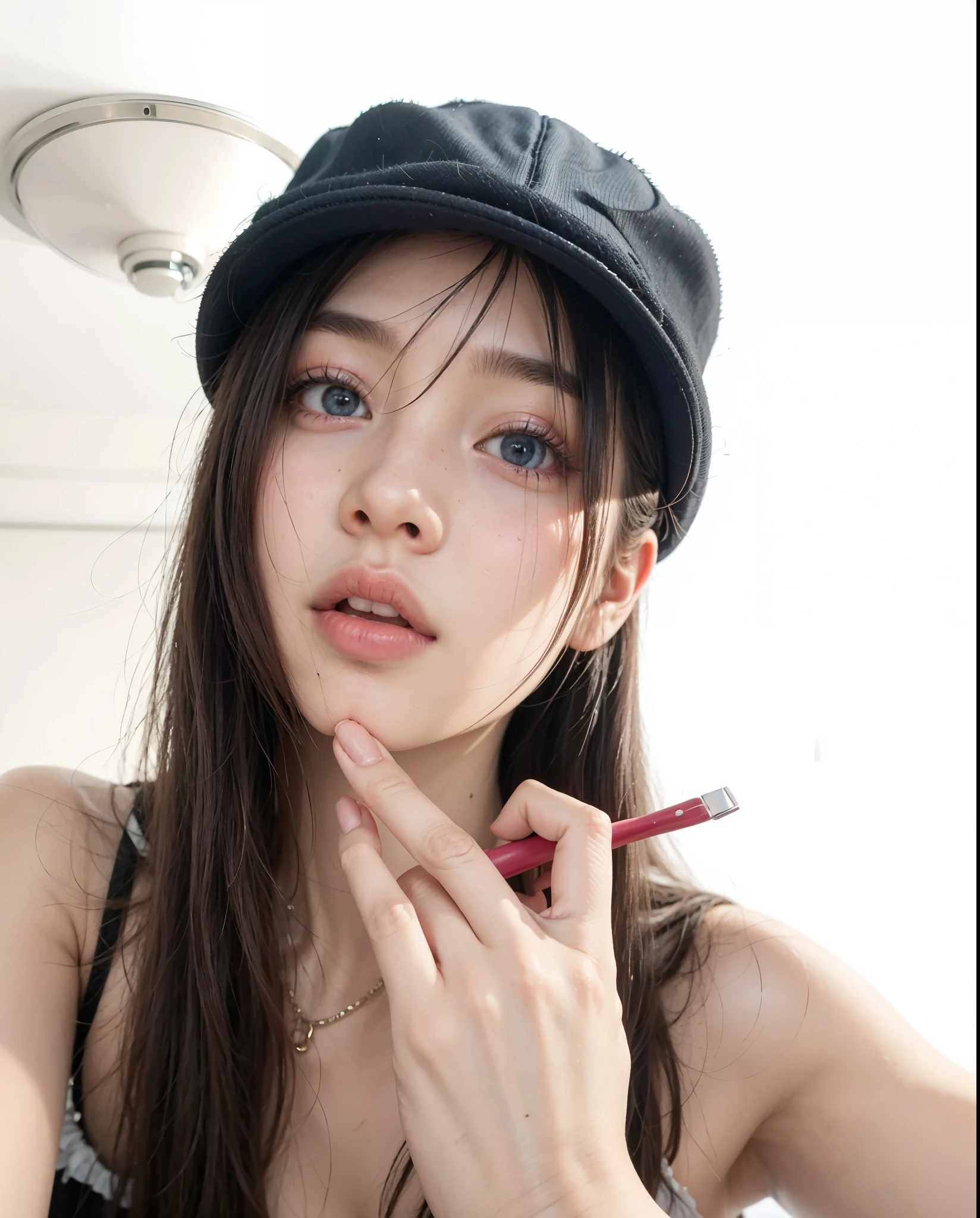 there is a woman that is brushing her teeth with a brush, blackpink jennie, ulzzang, gongbi, dilraba dilmurat, jossi of blackpink, heonhwa choe, with hat, park ji-min, chiho, korean girl, lee ji-eun, lee ji - eun, style of junji ito, jisoo from blackpink