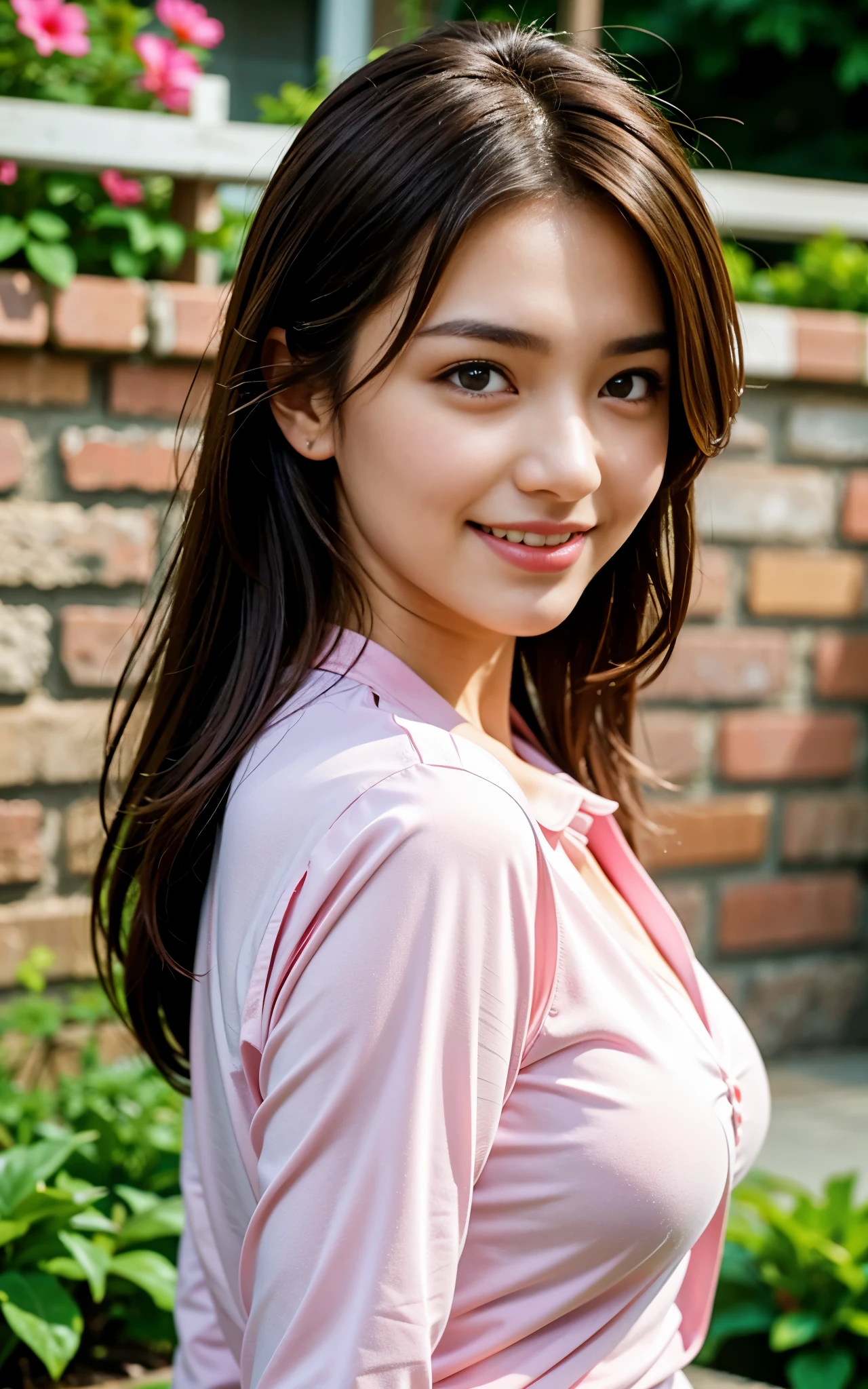 highest quality, figure, super detailed, finely, High resolution, 8k wallpaper, 完璧なダイナミックな構figure, beautiful skin, (big eyes), 20 year old beautiful girl, natural color lip, (sexy pose), mid chest, smile, Highly detailed face and skin texture, Detailed eyes, Double eyelid,leaking teeth and laughing, close-up, from behind, medium brown hair, (pink blouse:1.2), garden