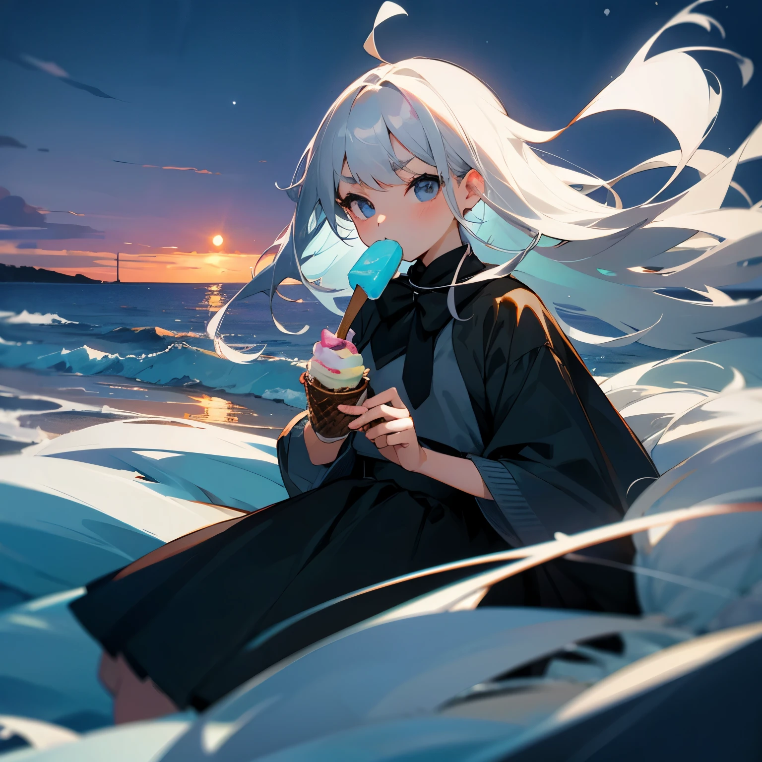 gray hair、white eyebrows、small face、black skirt、C Cup、eating ice cream、night view、by the sea、Stronger wind