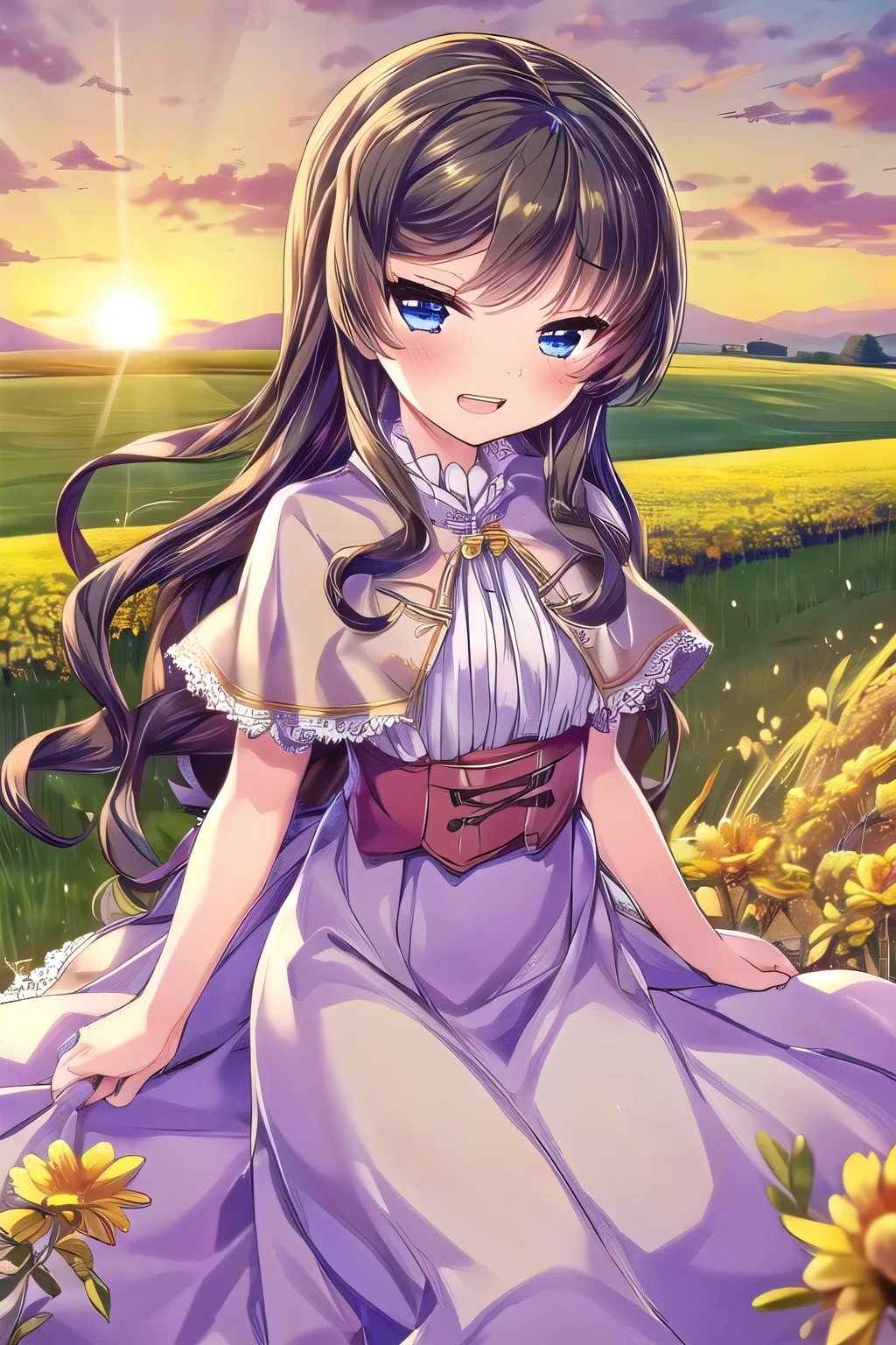 (drawn by Lynn Okamoto),center frame, sharp focus, (panorama, wide shot), best quality, masterpiece, extremely detailed, detailed background, (from above:1.2), 1girl, catgirl,solo,****,blue eyes,white hair, closed one eye, smile, open mouth, skirt, long hair, wavy hair, on side, fluffy hair, , french , blush, smile, capelet, lace trim, bodice, sunset, long dress, dusk, scenery, gold sky, high place, horizon, wheat field, wheat ears, wind, wind blow, looking at viewer, (depth of field), bokeh, (holding a flower:1.3), (holding:1.2),(medium):0.5,，huge tits，Overmuch，big and droopy，big titietra big ， （（（masterpiece）））， （（best quality））， （（intricate details））， （（Surreal））