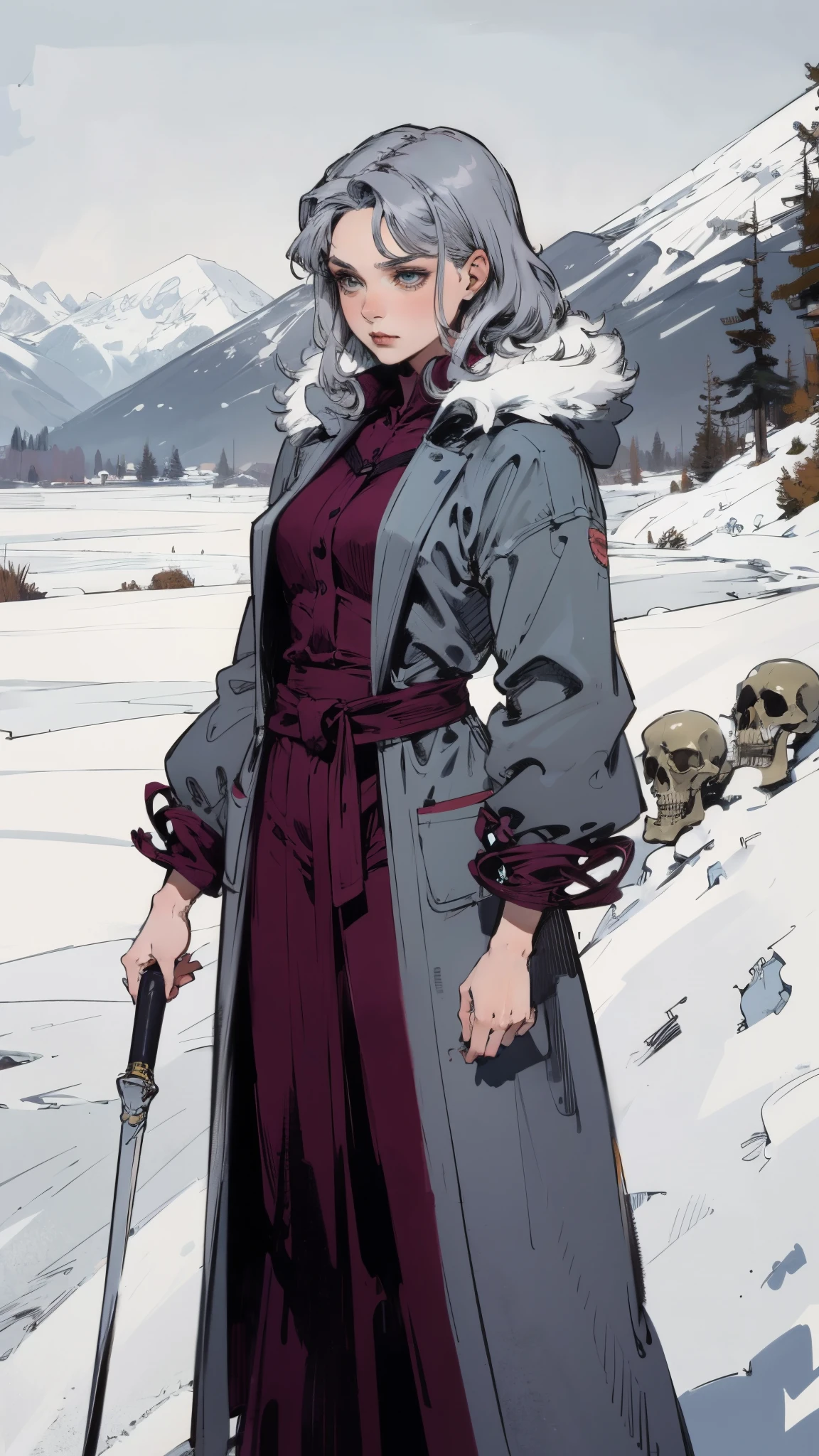 A woman with short silver-gray hair, thick bangs covering the right half of her face, delicate features, a serene expression, a simple floor-length gray-blue robe, with a thick white fur coat worn over it, long sleeves patterned like animal skeletons, standing amidst the falling snow of the mountains, this character embodies a finely crafted fantasy martial arts-style female cultivator in anime style, exquisite and mature manga art style, high definition, best quality, highres, ultra-detailed, ultra-fine painting, extremely delicate, professional, anatomically correct, symmetrical face, extremely detailed eyes and face, high quality eyes, creativity, RAW photo, UHD, 32k, Natural light, cinematic lighting, masterpiece-anatomy-perfect, masterpiece:1.5