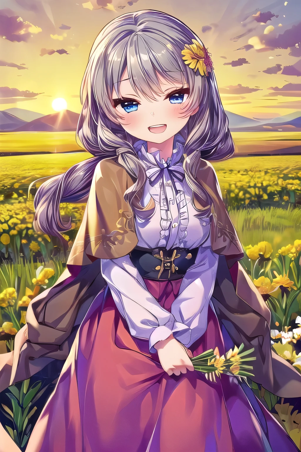 (drawn by Lynn Okamoto),center frame, sharp focus, (panorama, wide shot), best quality, masterpiece, extremely detailed, detailed background, (from above:1.2), 1girl, catgirl,solo,loli,blue eyes,white hair, closed one eye, smile, open mouth, skirt, long hair, wavy hair, on side, fluffy hair, , french , blush, smile, capelet, lace trim, bodice, sunset, long dress, dusk, scenery, gold sky, high place, horizon, wheat field, wheat ears, wind, wind blow, looking at viewer, (depth of field), bokeh, (holding a flower:1.3), (holding:1.2),(medium):0.5,，huge tits，Overmuch，big and droopy，big titietra big ， （（（masterpiece）））， （（best quality））， （（intricate details））， （（Surreal））