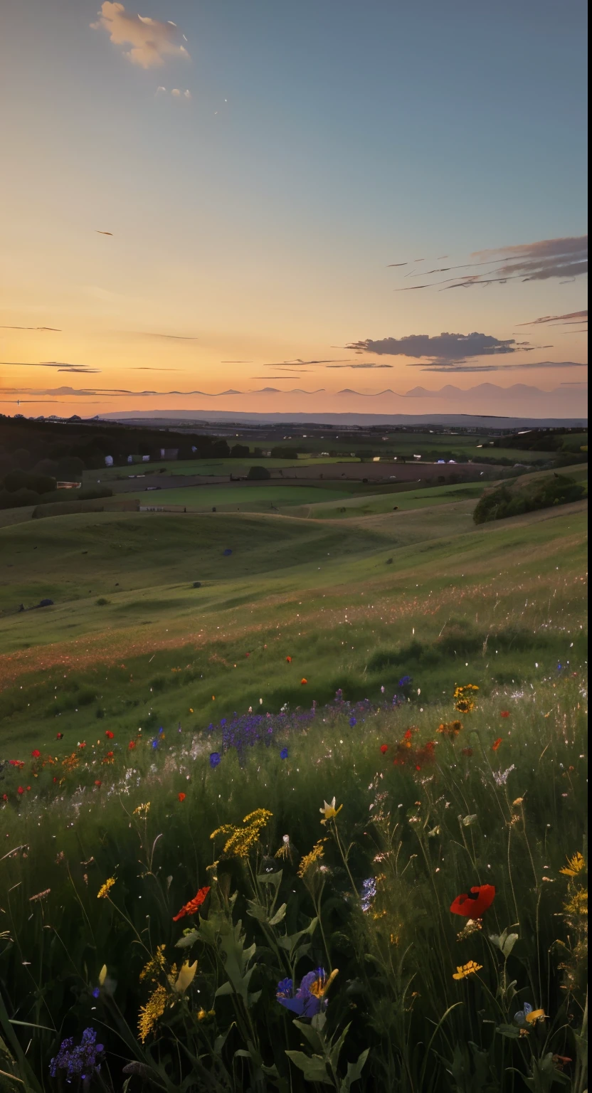 ((masterpiece)), (8k, high_resolution),(best quality), meadow, field, large field, meadow flowers and grasses, landscape, juezlude, dusk, no sun, twilight, summer, Kyoani Haruh style, meadow blue and red flowers, poppies, no sunflowers, no trees, no forest, only meadow