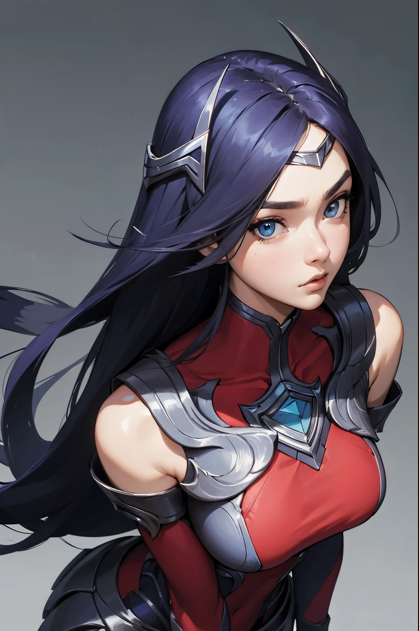 (masterpiece), best quality, expressive eyes, perfect face, highres, 1girl, solo, irelia, bodysuit, bare shoulders, forehead protector, hair ornament, armor, (leaning forward), standing, portrait, looking at the viewer,