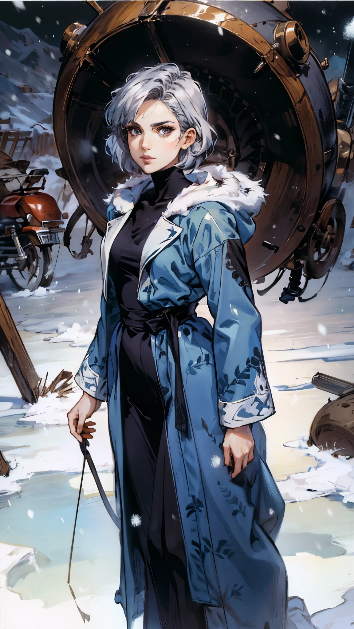 A woman with short silver-gray hair, thick bangs covering the right half of her face, delicate features, a serene expression, a simple floor-length gray-blue robe, with a thick white fur coat worn over it, long sleeves patterned like animal skeletons, standing amidst the falling snow of the mountains, this character embodies a finely crafted fantasy martial arts-style female cultivator in anime style, exquisite and mature manga art style, high definition, best quality, highres, ultra-detailed, ultra-fine painting, extremely delicate, professional, anatomically correct, symmetrical face, extremely detailed eyes and face, high quality eyes, creativity, RAW photo, UHD, 32k, Natural light, cinematic lighting, masterpiece-anatomy-perfect, masterpiece:1.5