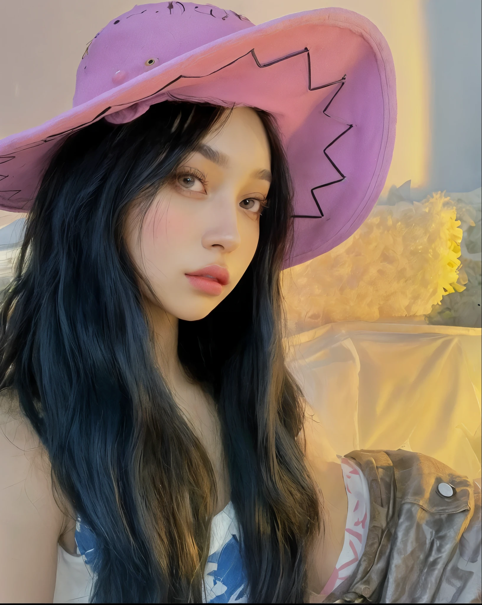 araffe woman with long black hair wearing a pink hat, blackpink jennie, with straw hat, roseanne park of blackpink, with hat, jossi of blackpink, jisoo from blackpink, jisoo of blackpink, portrait of jossi of blackpink, leaked image, lalisa manobal, jinyoung shin, with a weird hat, she is wearing a hat, profile pic