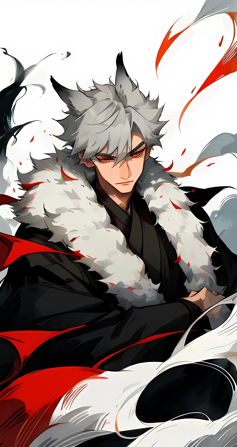 Male, kitsune,Gray-white short hair,Big fox ears,fluffy tail,Cold and sharp eyes,long eyelashes,Thin, but a strong body, Red traditional Japanese eye makeup,Smoke follows him, black kimono with red details,Please, handsome, serious