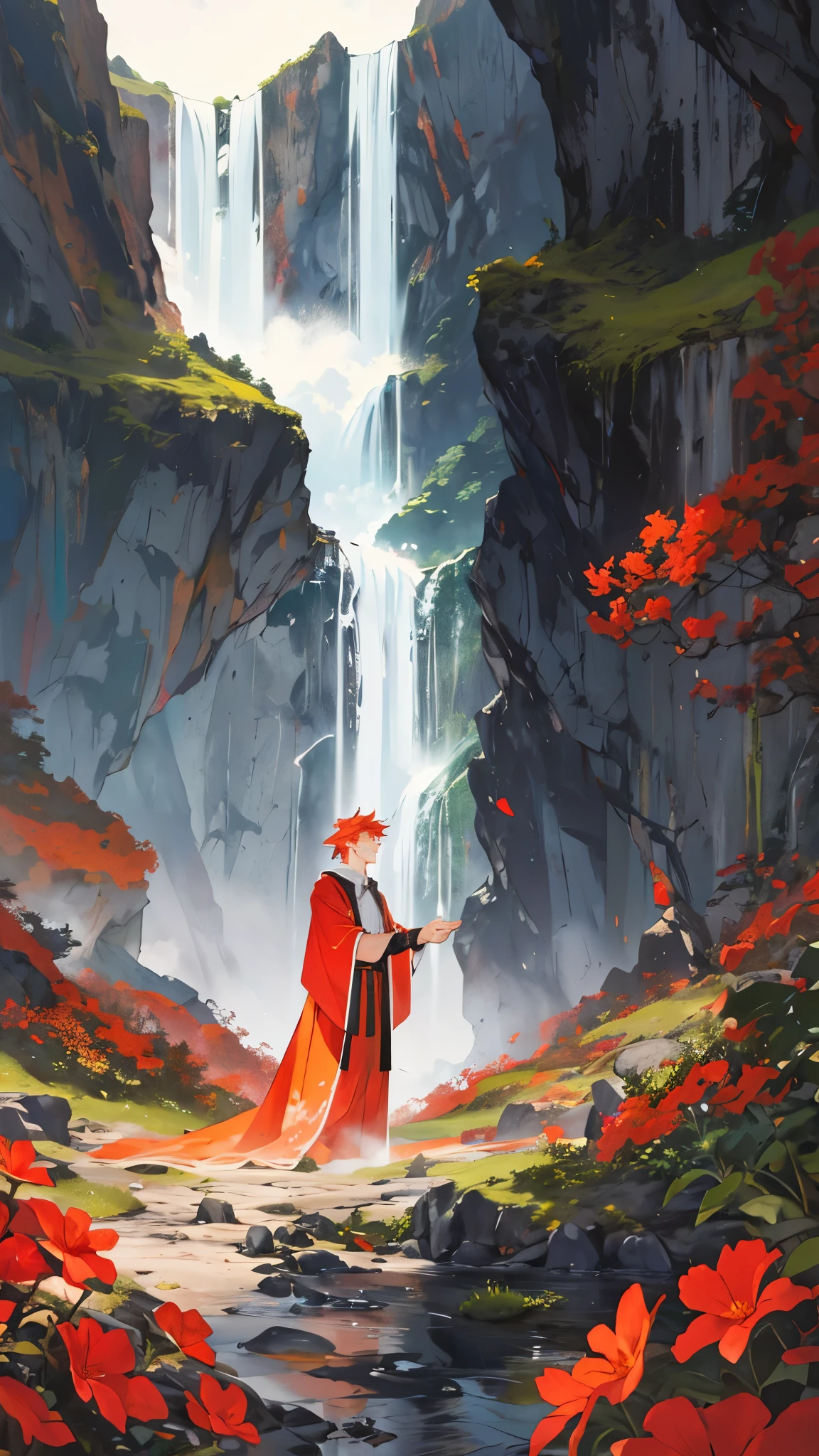 An image capturing a majestic mountain with a lavafall cascading down its rugged slopes, casting a warm, ethereal light across the landscape. In the foreground, vibrant red flowers sway gently in the breeze, adding splashes of color to the volcanic scenery.

Nestled amidst the terrain is a hidden cave partially obscured by the lavafall, its entrance framed by vines and lush foliage. A striking figure stands nearby—a handsome young man with fiery orange hair and piercing red eyes, dressed in flowing orange garments that blend with the landscape.

With a serene smile, the man reaches out to touch the delicate red flowers, reflecting a deep connection to the natural world. The image captures the harmonious blend of fire and earth, strength and serenity, inspiring awe and wonder.