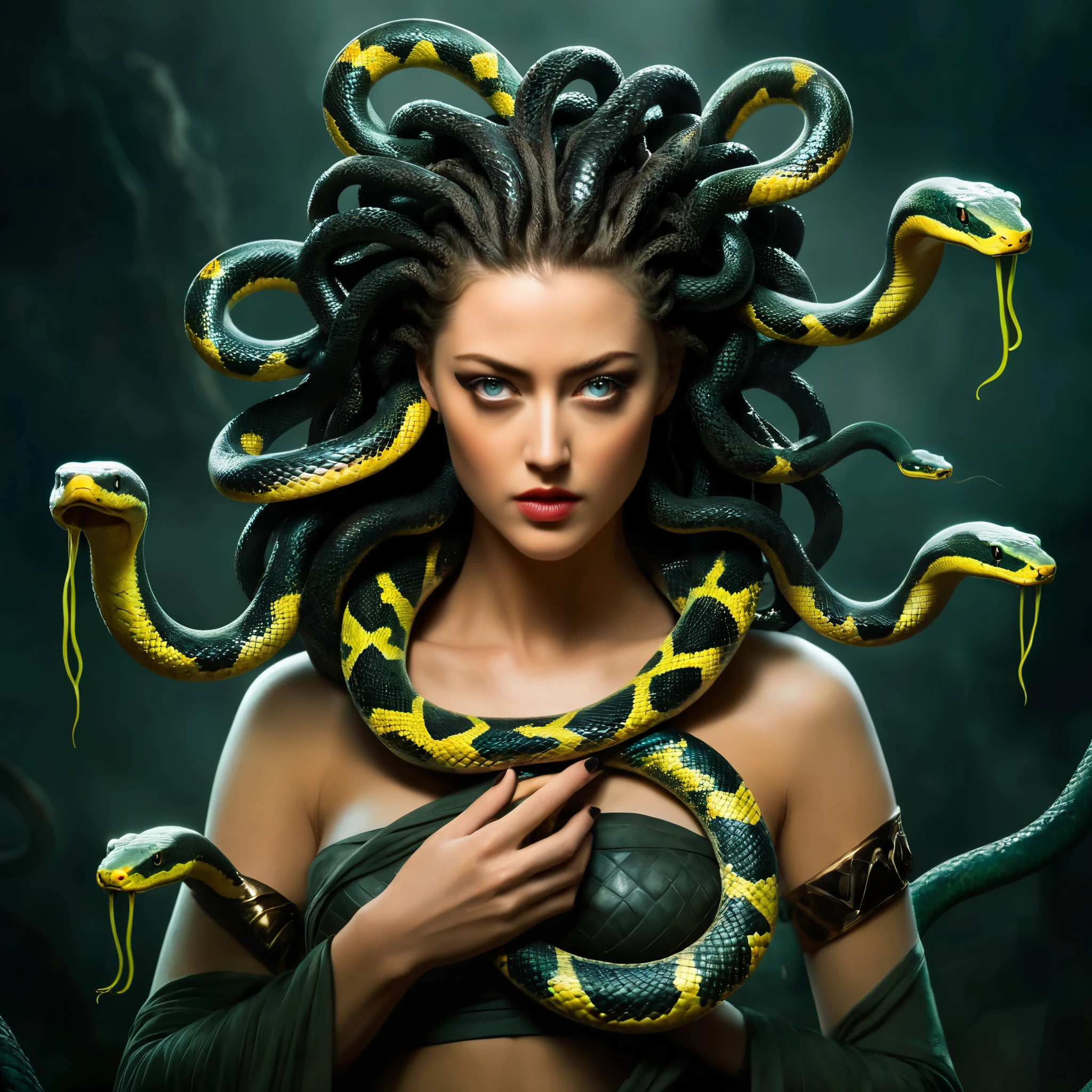 Looks like Amber Heard, fierce looks, fiery and glowing eyes, Dark Fantasy Art of Medusa a woman with snake dreads holding a snake In Greek mythology, Medusa, also called Gorgo, a human female with living venomous snakes in place of hair, dark, moody, dark fantasy style