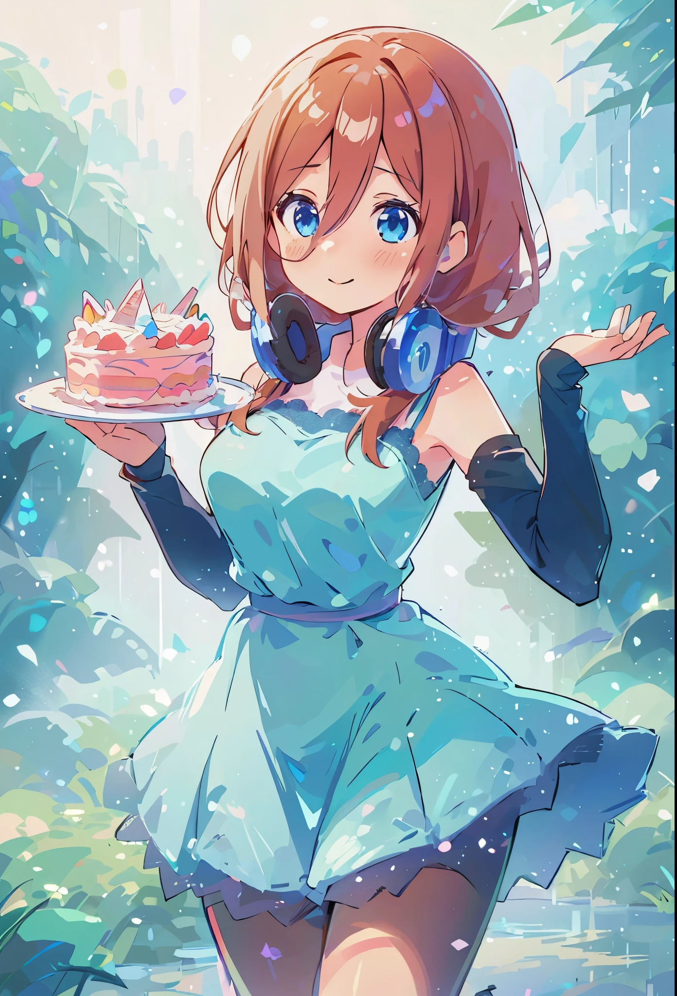 Miku nakano wearing a pretty dress, Miku holding a birthday cake, sparkling blue_eyes, happy smile, laugh, sweet face, tender, lovely, 4k, perfect quality, excellent character design, pastel coloured image, vivid colours, bright colours, simple background, magic hill background, splendid nature, natural light, daylight, full body, full shot, dinamic pose, holding birthday cake in her hands, extremely detailed, clean lineart, neat, Miku Nakano, Official art、Beautifully Aesthetic:1.2)、patterns、Hair spreads throughout、4k, excellent quality, Ultra Detail, Soft Light, Deep Focus Bokeh, Ray Tracing, --niji 5. Nakano Miku from the quintessential quintuplets, Miku Nakano, long fluffy pink brown hair, blue eyes, nakano_miku, iridescent, blue headset, hair strand falling across face, splendid, iridescent, dynamic pose, moving, excellent character design, full body pose, full body, full body shot, perfect face, neat, clean, perfect definition  aamiku,long hair,bangs,hair between eyes,headphones around neck,pantyhose,black, (Casual Outfit), ()pantyhose, elbow gloves, holding a birthday cake in her hands, iridescent satin lace dress