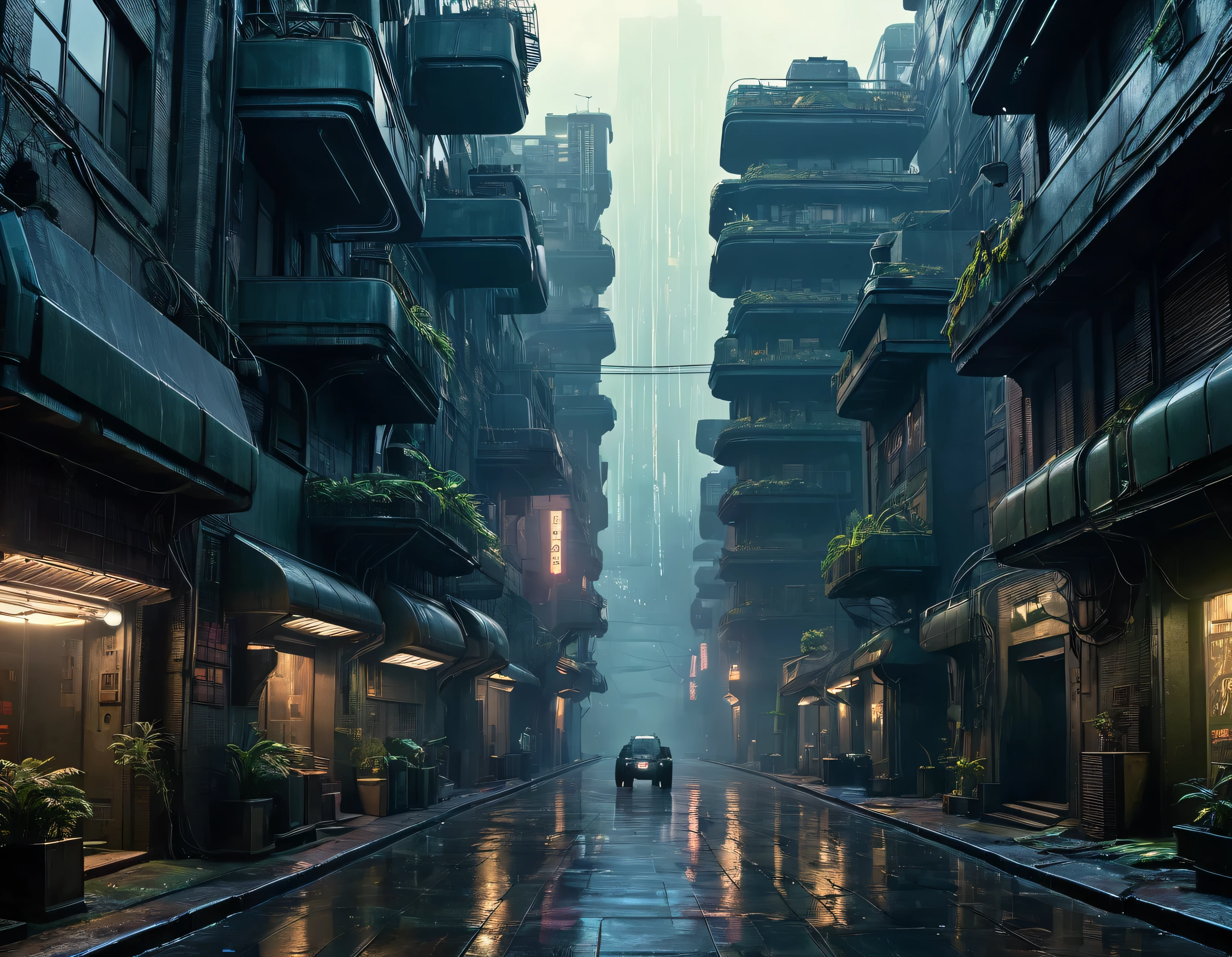 imagen de blade runner donde se aprecia el edificio tyrell corporation , calles adyacentes y pistas de naves volando, en ambiente cyberpunk y futurista, obra maestra , detalles intrincados de la maquina , 8k