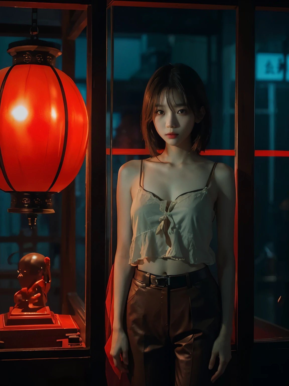 backlight dramatic night photography, night scene, 30 years japanese girl, pale face, very thin body, brown hair, wearing red brassiere & pants, trapped inside red glass square display, dramatic source of light