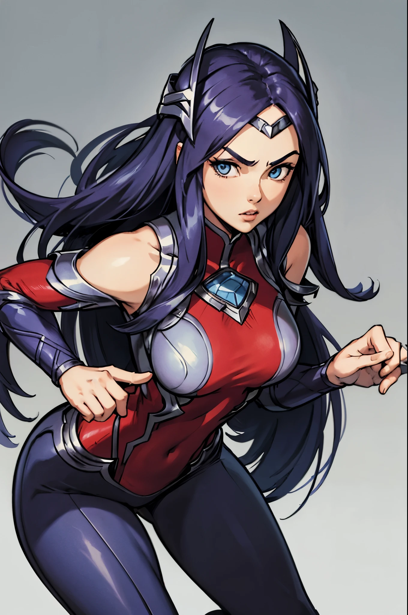 (masterpiece), best quality, expressive eyes, perfect face, highres, 1girl, solo, irelia, bodysuit, bare shoulders, forehead protector, hair ornament, armor, (leaning forward), standing, portrait, looking at the viewer,