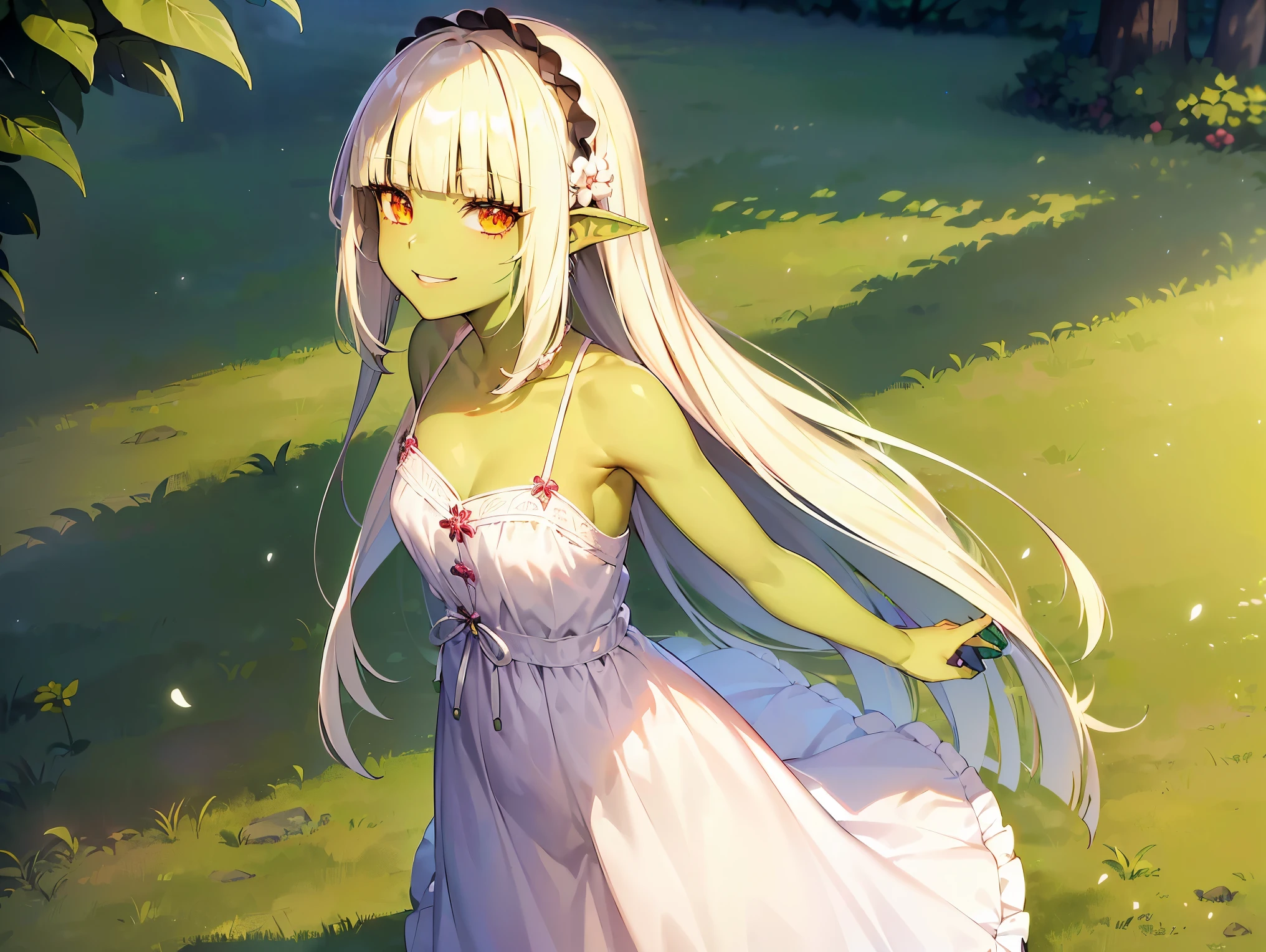 Cimematic vision, nigth, ((1girl)), Lolita, (Orc), ((((Green skin)))), ((((long white hair)))), (((blunt bangs))), red eyes, ((cabelo emaranhado)), ((((smilling)))), desleixada, ((melhor qualidade)), ((obra de arte)), ((vestindo vestido marrom)), (detalhado), rosto perfeito, ((style novel)), cores beautiful, ((((style anime Shikimori-san)))), (((passeando em cidade na floresta))), standing, (((No hair accessories)).