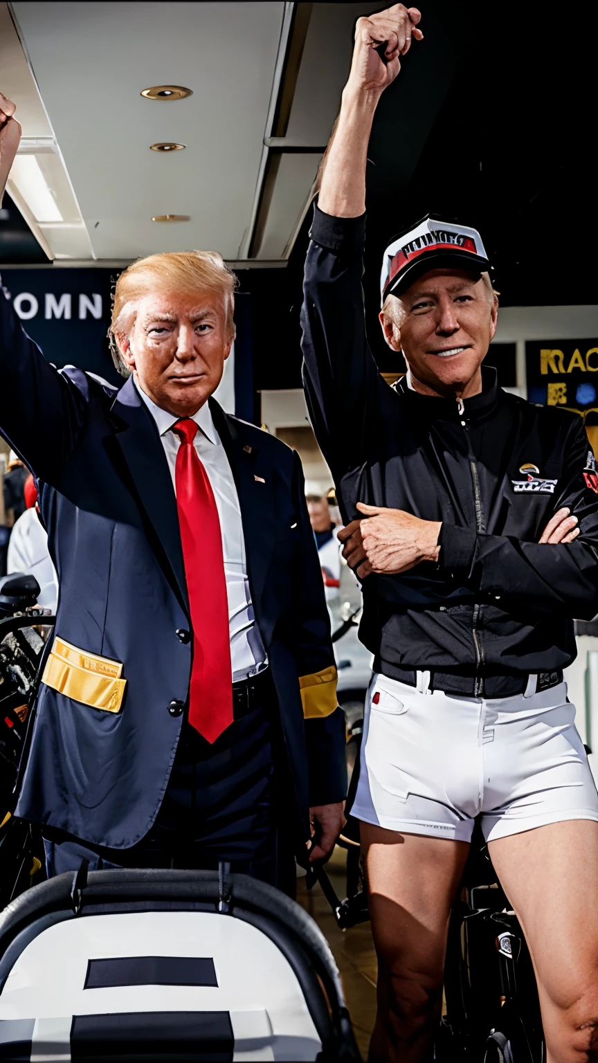 Donald Trump and Joe Biden 2024 on racing bike people are cheering