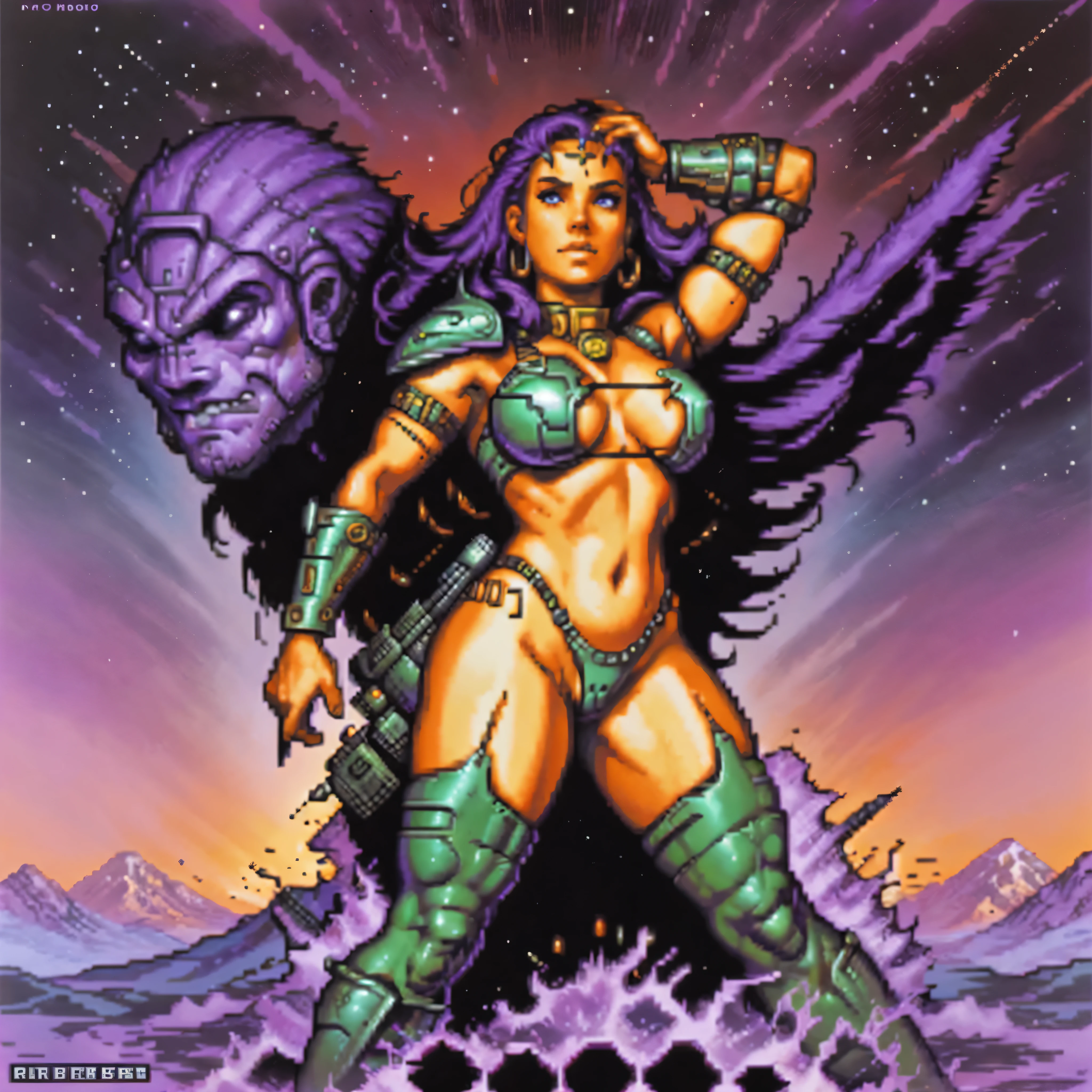 One barbarian girl, space warrior girl, cyborg girl, beautiful bbw girl, chubby girl, female warrior, whole body, nude body, Perfect skin, space background, dark fantasy, Luis Royo style, Science fiction, 80s, 16-bit game, VHS era, planet in space background, purple lightning, psychedelic color background, smog, fog, swamp, girl in swamp, Mad Max's style, VHS cassette cover