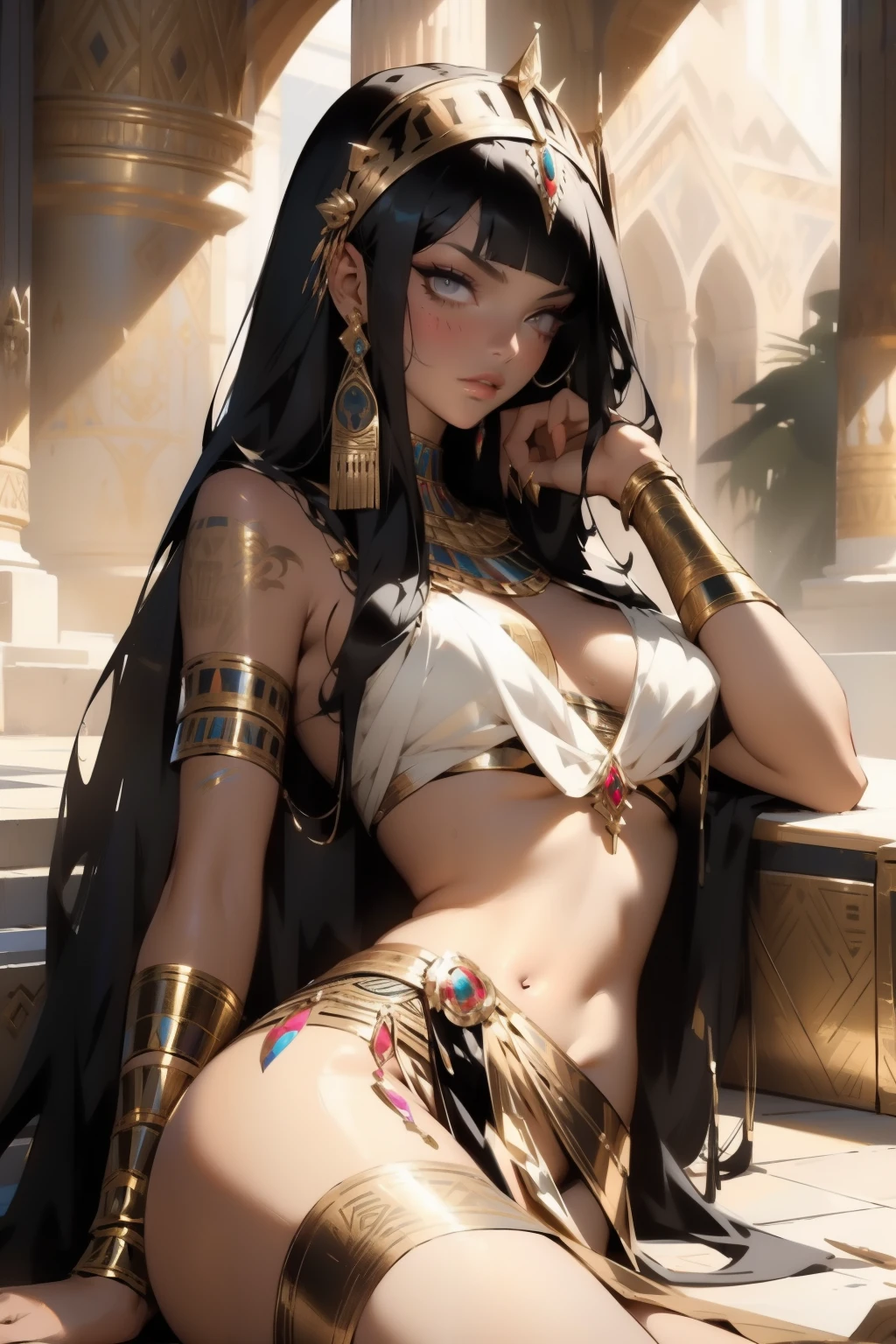 Egyptian queen Cleopatra, clad in revealing attire, reclines majestically in her opulent palace. Her raven-black hair falls in bobbed waves, framing her seductive visage. Decorative tattoos and jewelry adorn her arms and legs, enhancing her regal allure. With a ruler's poise, she captivates the room with her timeless beauty and tanned, realistically rendered skin. This high-detail masterpiece showcases Cleopatra in all her seductive splendor, her every feature meticulously rendered for your admiration.