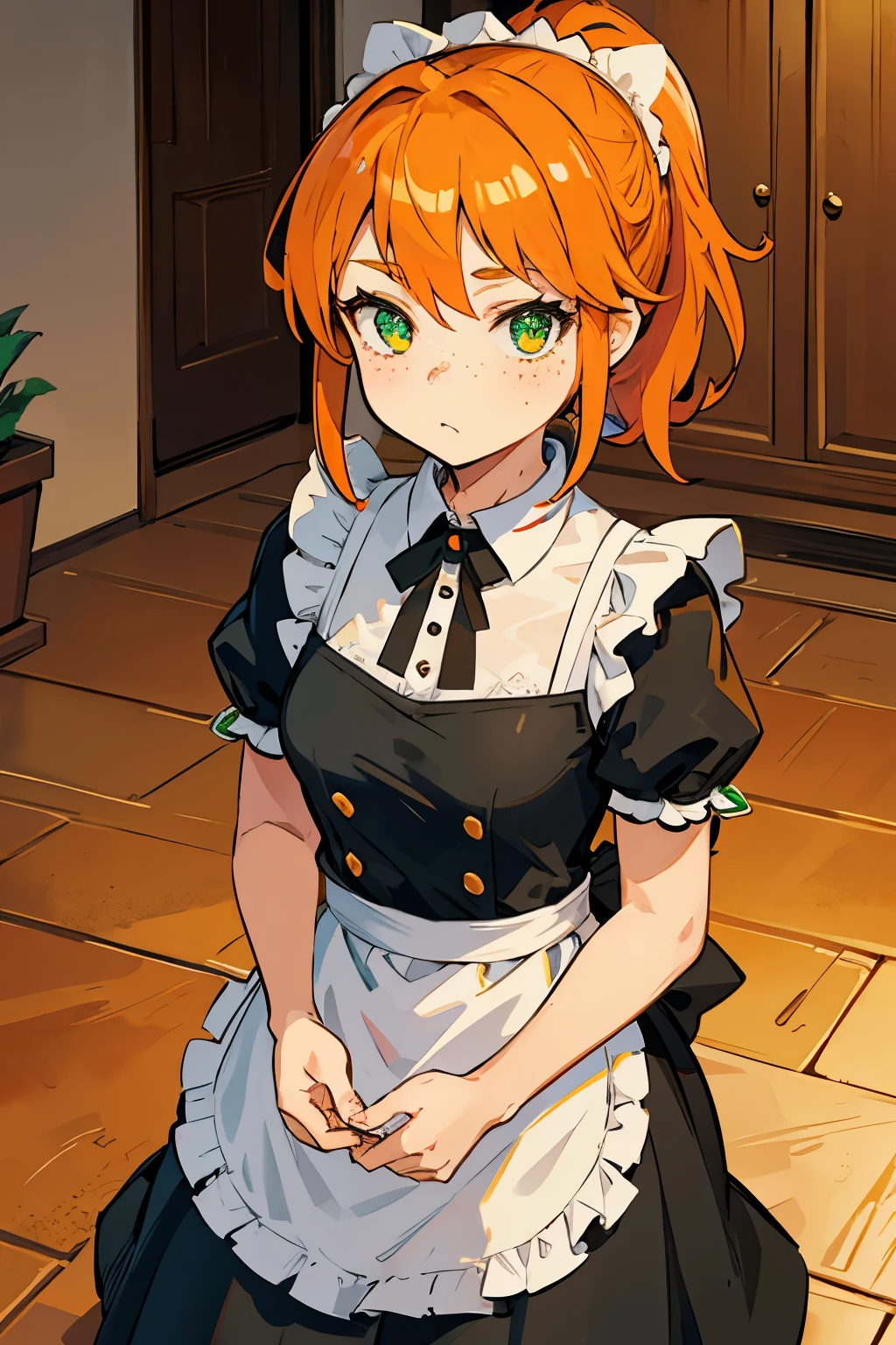 Low maid, orange hair in a ponytail, bright emerald eyes, freckles