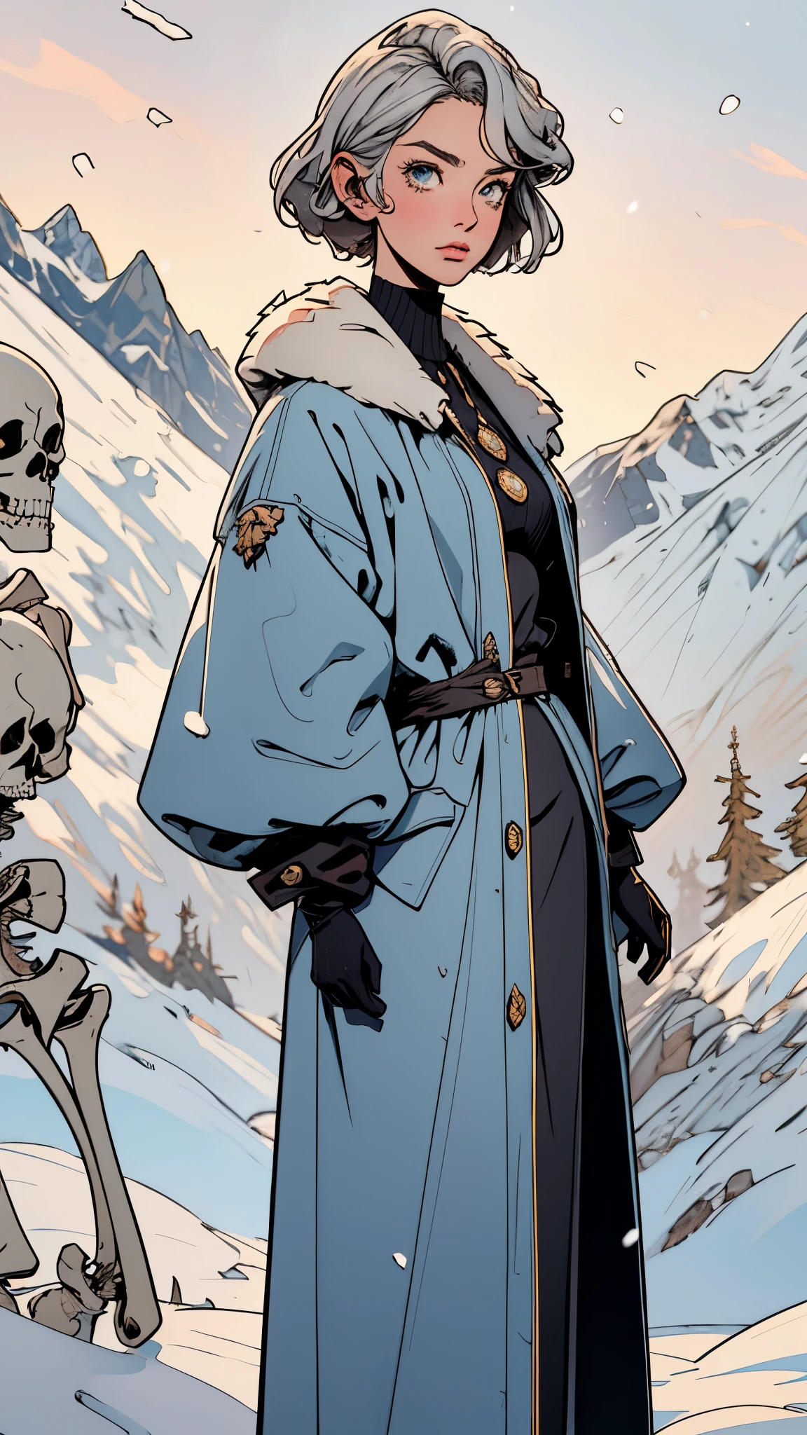 A woman with short silver-gray hair, thick bangs covering the right half of her face, delicate features, a serene expression, a simple floor-length gray-blue robe, with a thick white fur coat worn over it, long sleeves patterned like animal skeletons, standing amidst the falling snow of the mountains, this character embodies a finely crafted fantasy martial arts-style female cultivator in anime style, exquisite and mature manga art style, high definition, best quality, highres, ultra-detailed, ultra-fine painting, extremely delicate, professional, anatomically correct, symmetrical face, extremely detailed eyes and face, high quality eyes, creativity, RAW photo, UHD, 32k, Natural light, cinematic lighting, masterpiece-anatomy-perfect, masterpiece:1.5