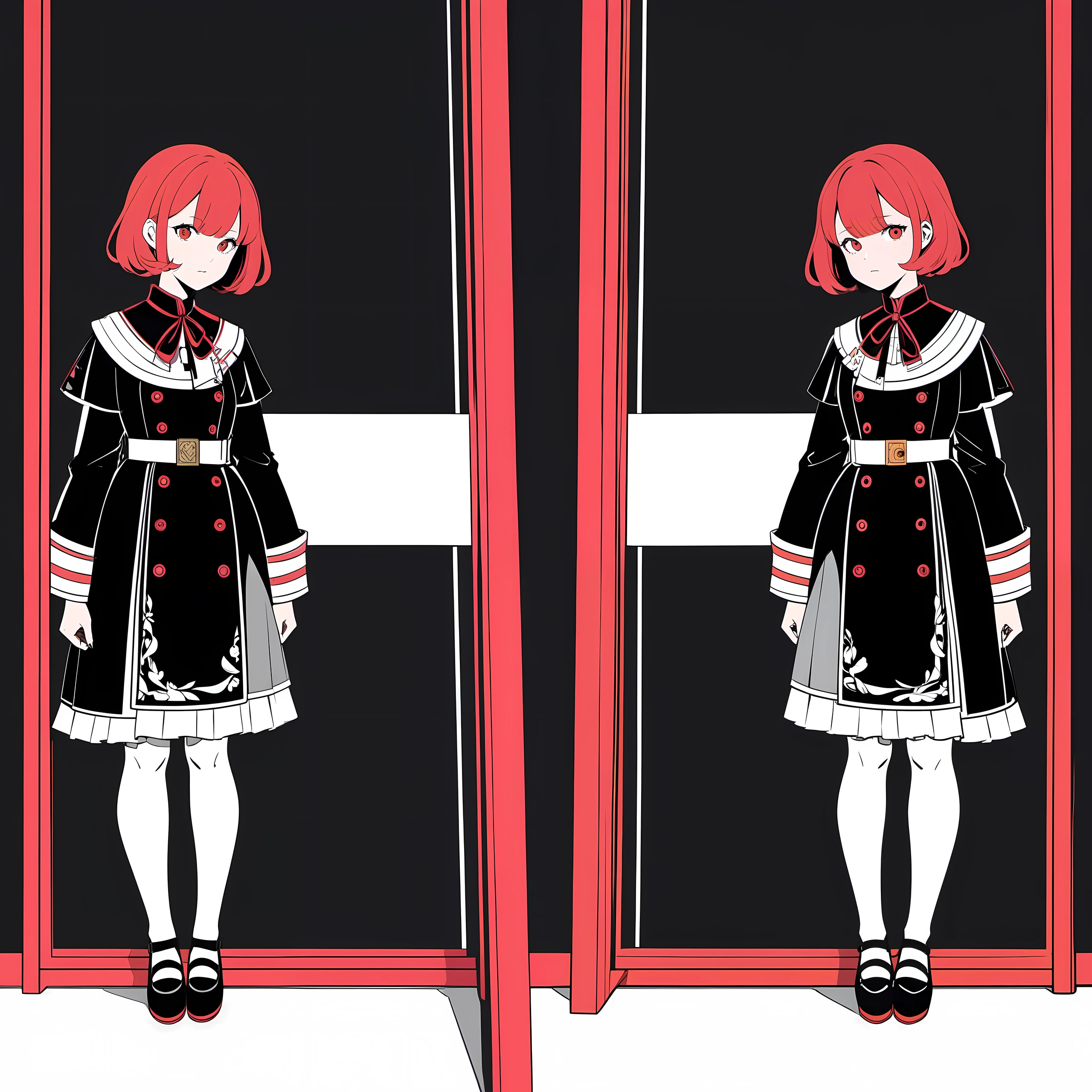 1 Curious girl with short red hair standing in front of the mirror, Mirror symmetry, bilateral symmetry, flat color, Left and right consistency, simple black background