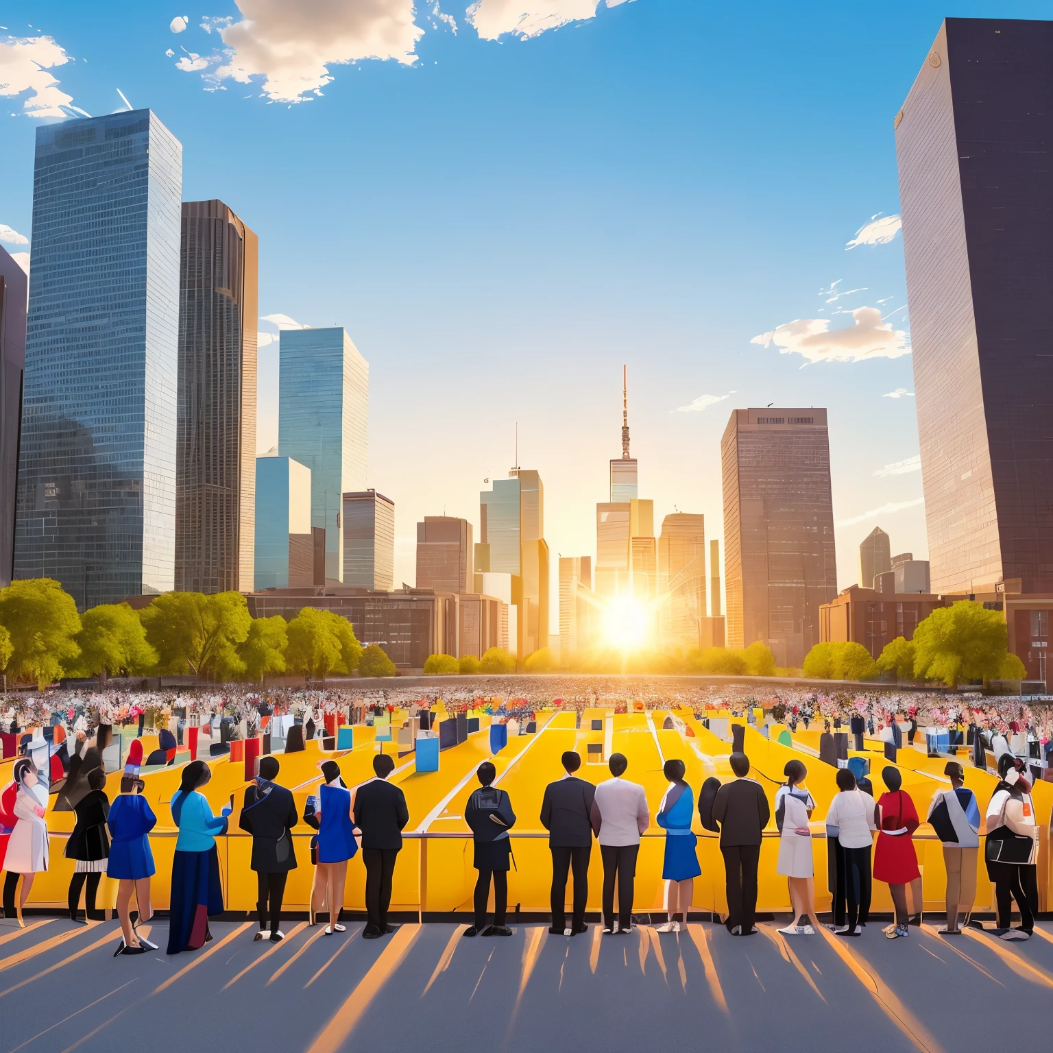 Generate a captivating image for social media, illustrating the analogy between a population census and market research. This visually engaging composition will integrate elements reflecting the collection of demographic data and the exciting exploration of consumer preferences.
A dynamic backdrop of a bustling cityscape sets the stage, with a radiant sun peeking over the horizon, casting long shadows, symbolizing the initiation of the day and the beginning of data collection. The foreground features an intricate statistical graph, meticulously plotted with colorful lines representing various demographic trends.
To the left, a group of individuals eagerly participate in an enumeration process. Clad in modern attire, they concentrate intently on tablet
