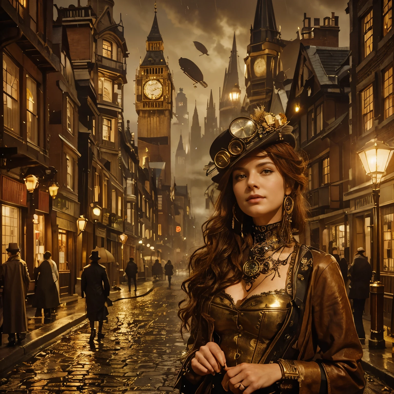London street in the late 1800s, but with a steampunk twist. Think towering clockwork buildings with smokestacks puffing out steam, gaslight lamps casting an orange glow, and airships gliding silently overhead. Cobblestones slick with rain reflect the gaslight and bustling activity. Character: A beautiful woman with an air of confidence and purpose. Describe her distinct features and steampunk attire. Here are some options: Crimson hair cascading down her shoulders, adorned with gears and a miniature brass monocle perched on one eye. Dressed in a long, flowing coat of worn leather, accented with polished brass buckles and intricate clockwork patterns woven into the fabric. Goggles rest on her forehead, and sturdy riding boots with built-in steam pistons propel her bicycle