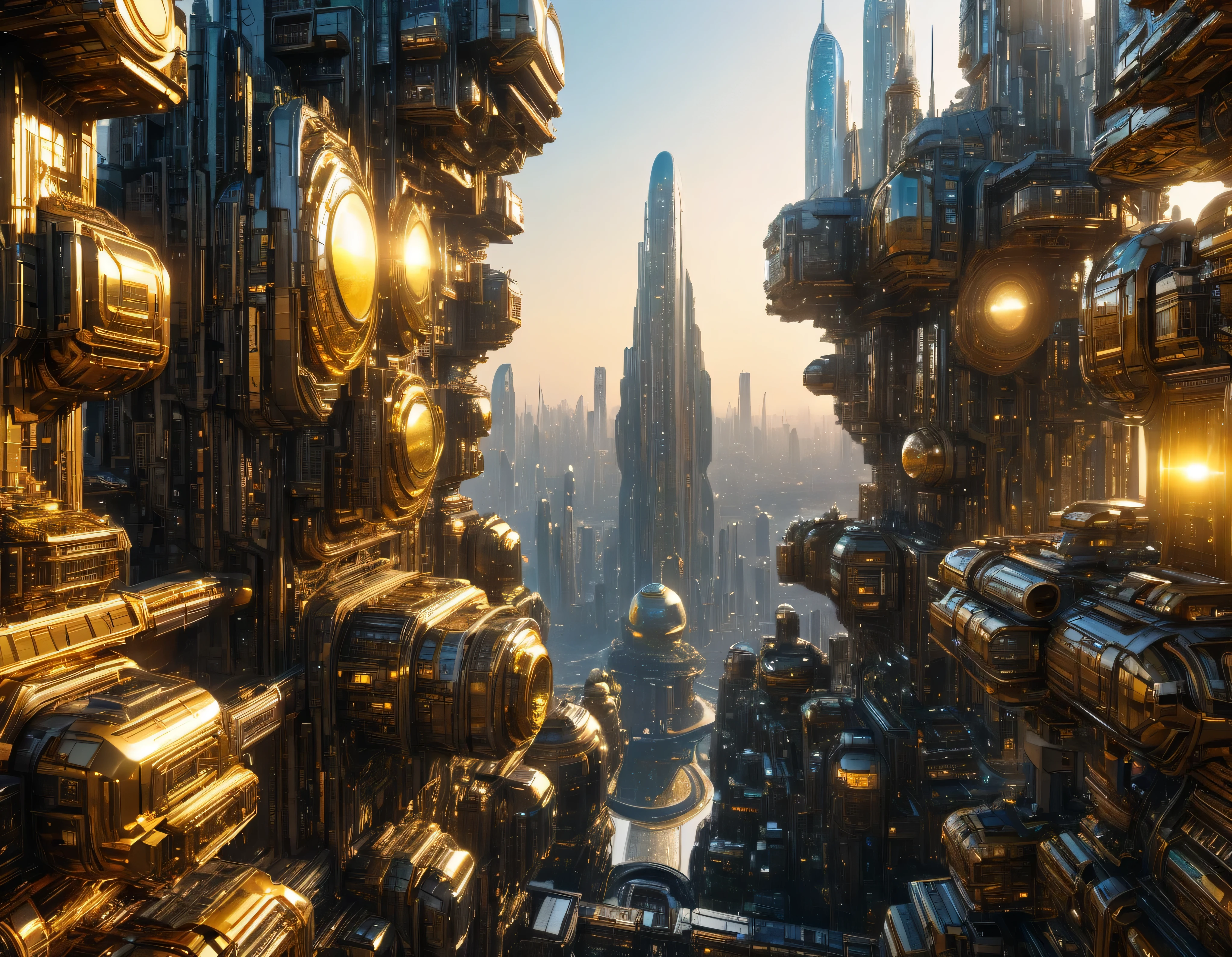 (golden hour lighting), megacity, megalopolis of an imaginary world of science fiction and maximum fantasy, con inmensos edificios ovalados , rascacielos y dodecaedricos agrupados de metal y cristal donde predomina el oro. imagen bien definida 8k, (intrincados detalles de la maquina), con muchos edificios juntos.(obra maestra de superior calidad).(imagen fotorrealista), nitidez absoluta hasta el fondo